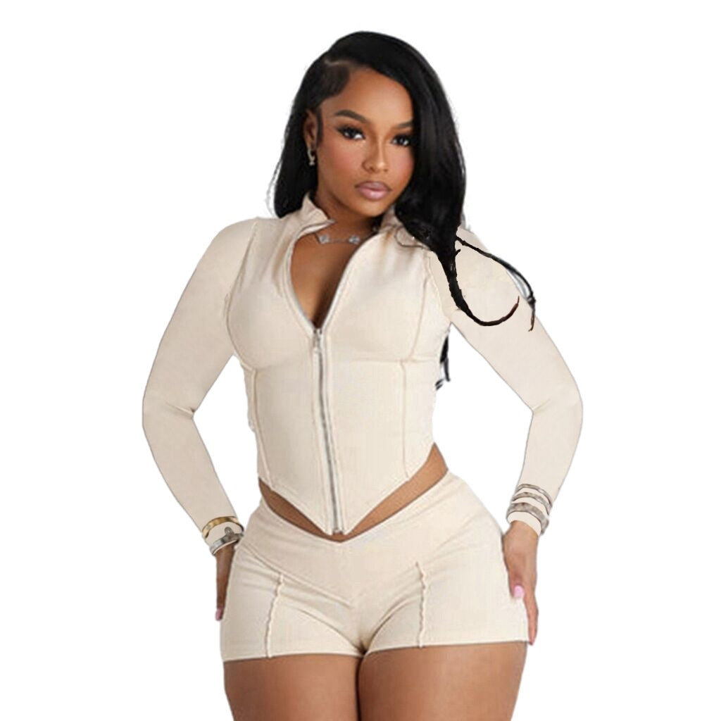 Turn-down Collar Long Sleeve Shorts Set for Women