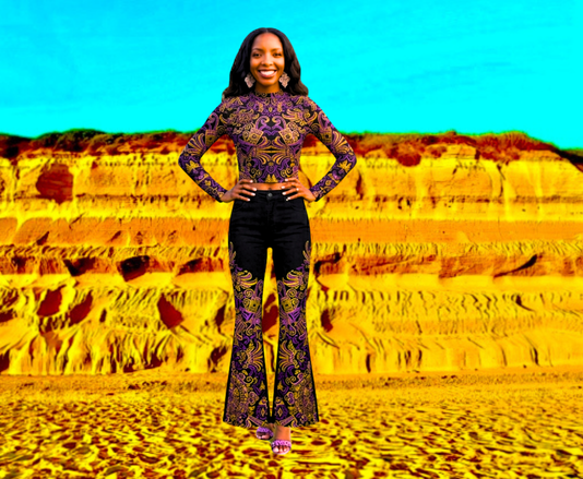 AZTEC GOLD AND PURPLE ARTISTIC DESIGNS Women's Long Sleeve Round Neck Crop Top Only  DESIGNS BY KIEKIE