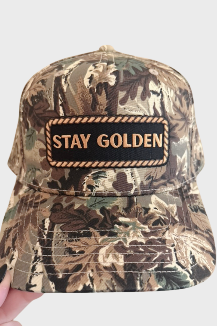 STAY GOLDEN Embroidered Patch on Camo Structured Cap