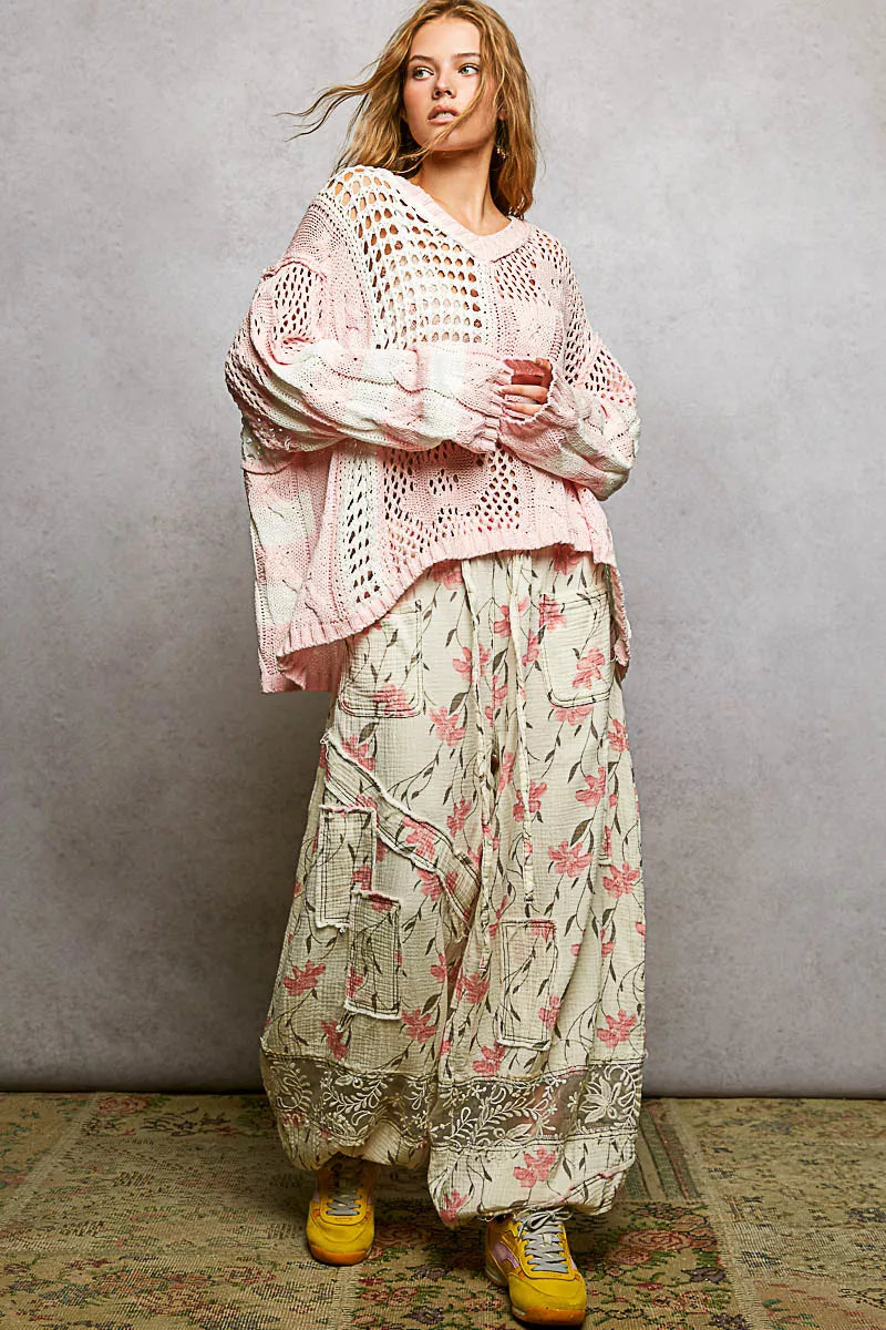 POL Color-Blocked Stripe Pattern Knit Top with Twisted Weave