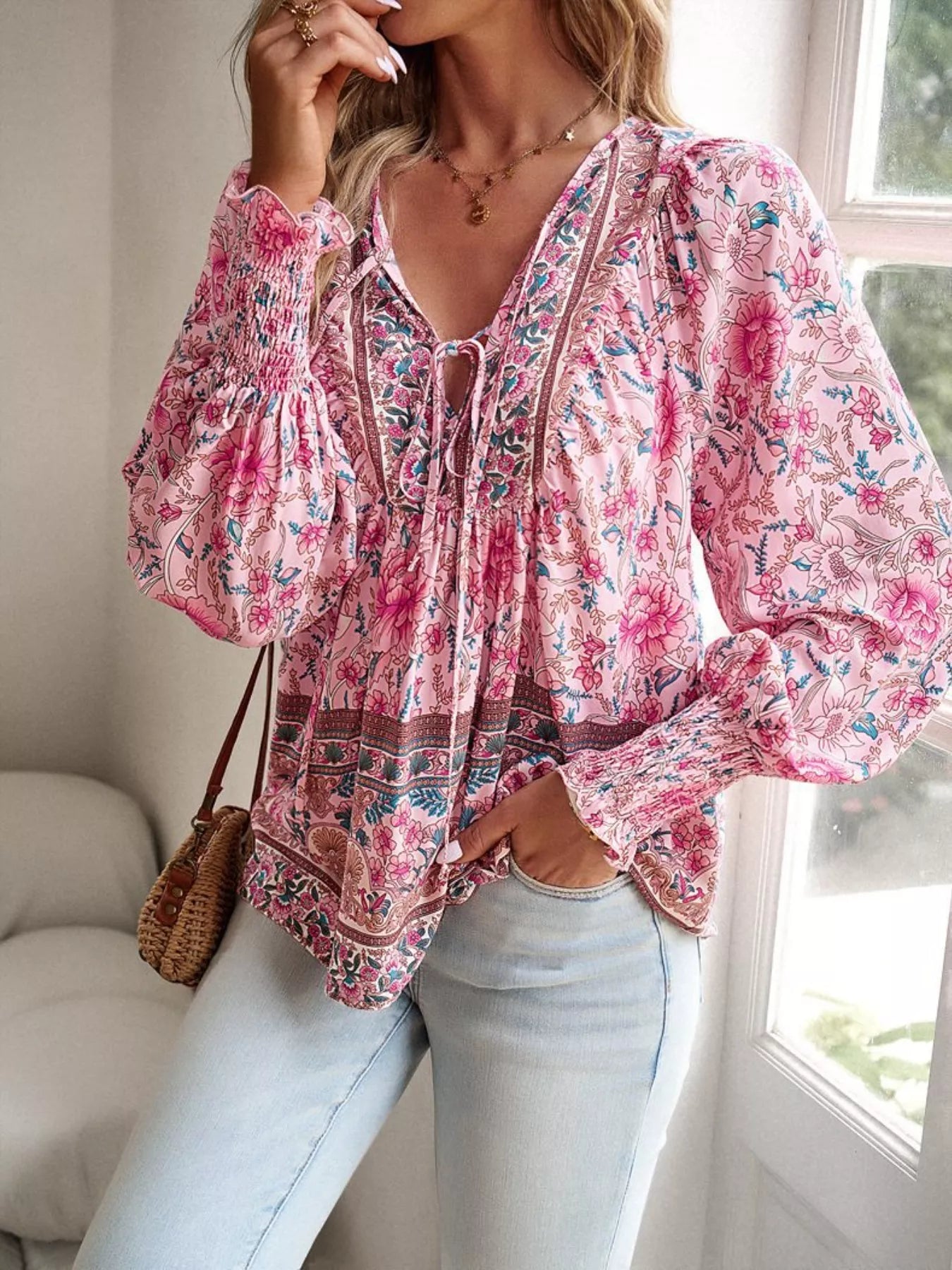Floral Print Tie Neck Bohemian Blouse