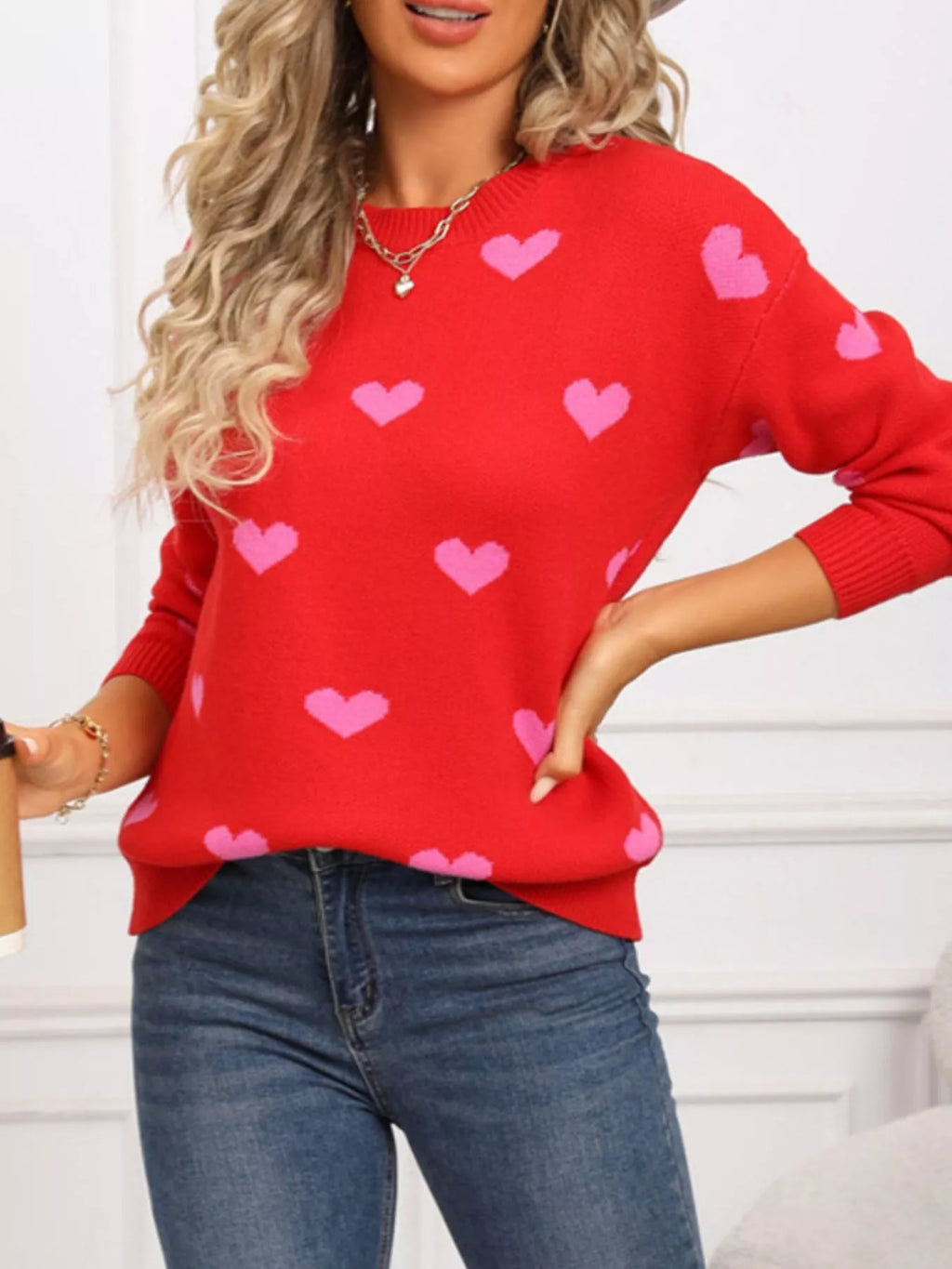 Valentine's Day Heart Pattern Dropped Shoulder Sweater