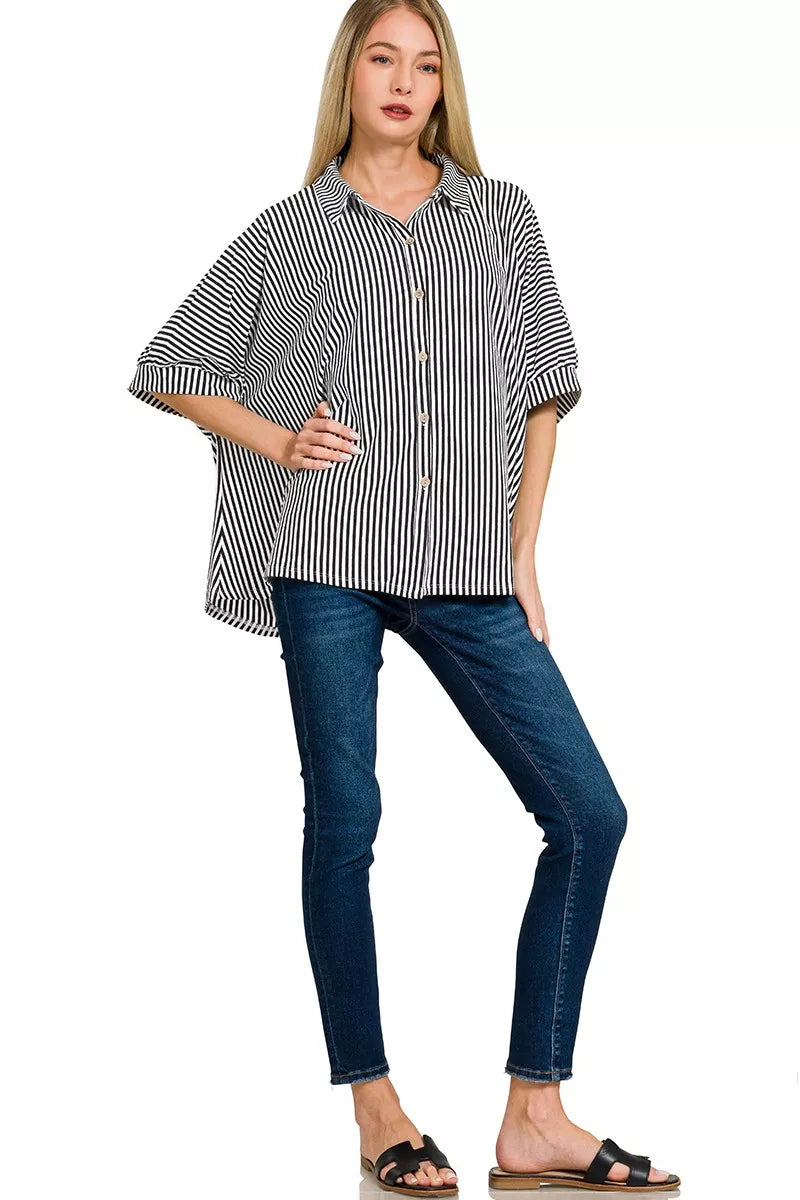 Zenana Oversized Stripe Button Down Shirt