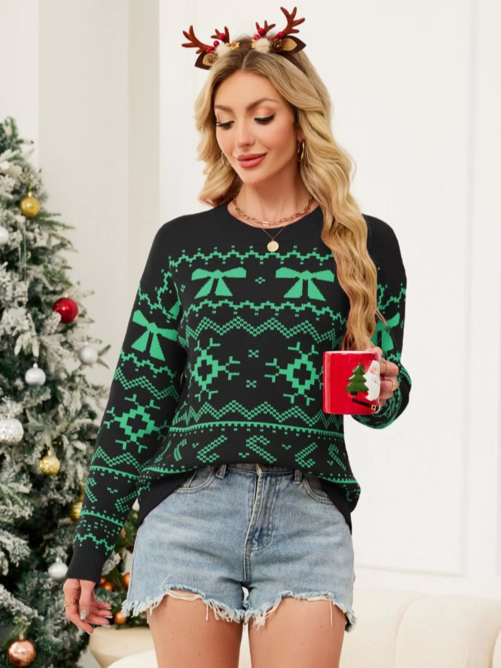 Christmas Bow Round Neck Sweater