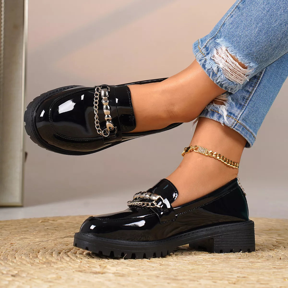 Chain Embellished Round Toe Loafers