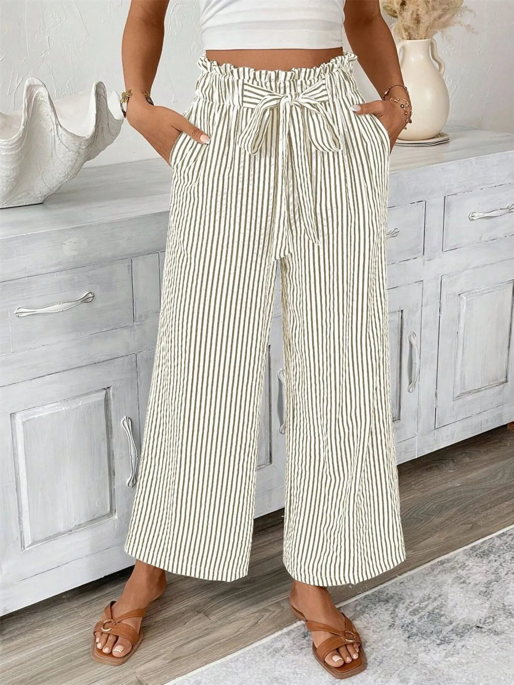 Full Size Striped Wide Leg Paper Bag Pants Plus Size