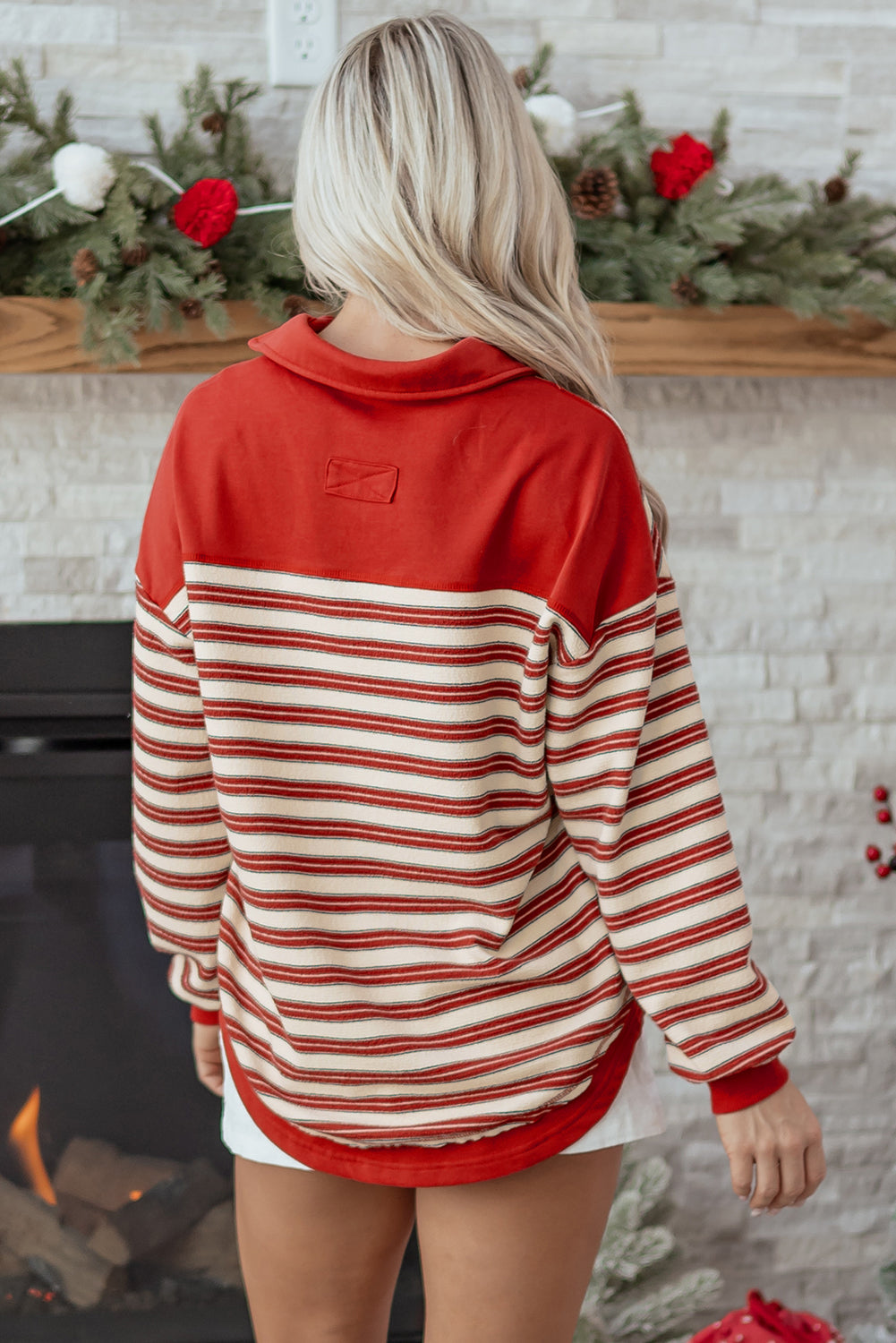 Stripe Buttoned Collared V-Neck Drop Shoulder Top