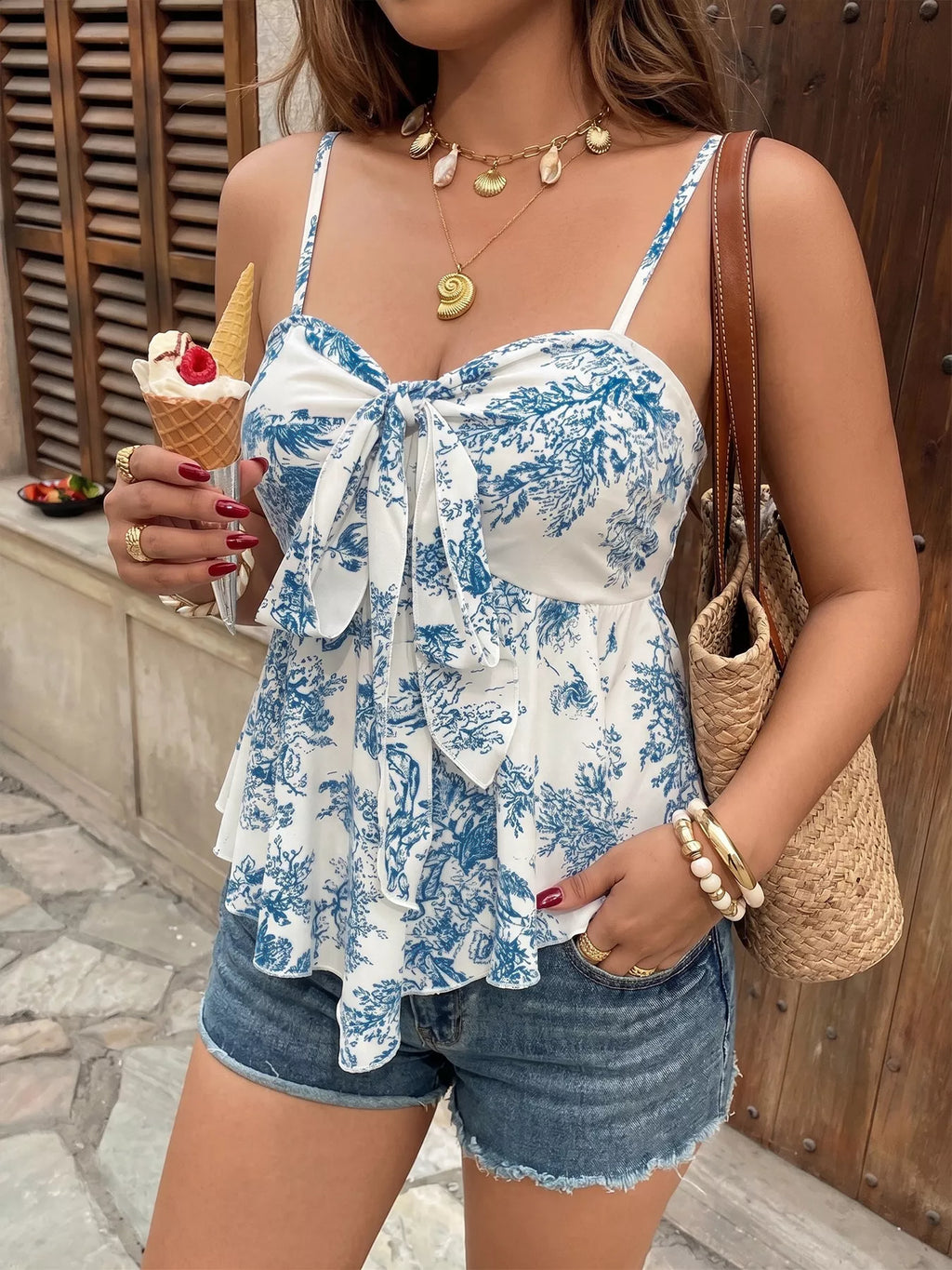 Floral Print Tie Front Ruffle Hem Cami