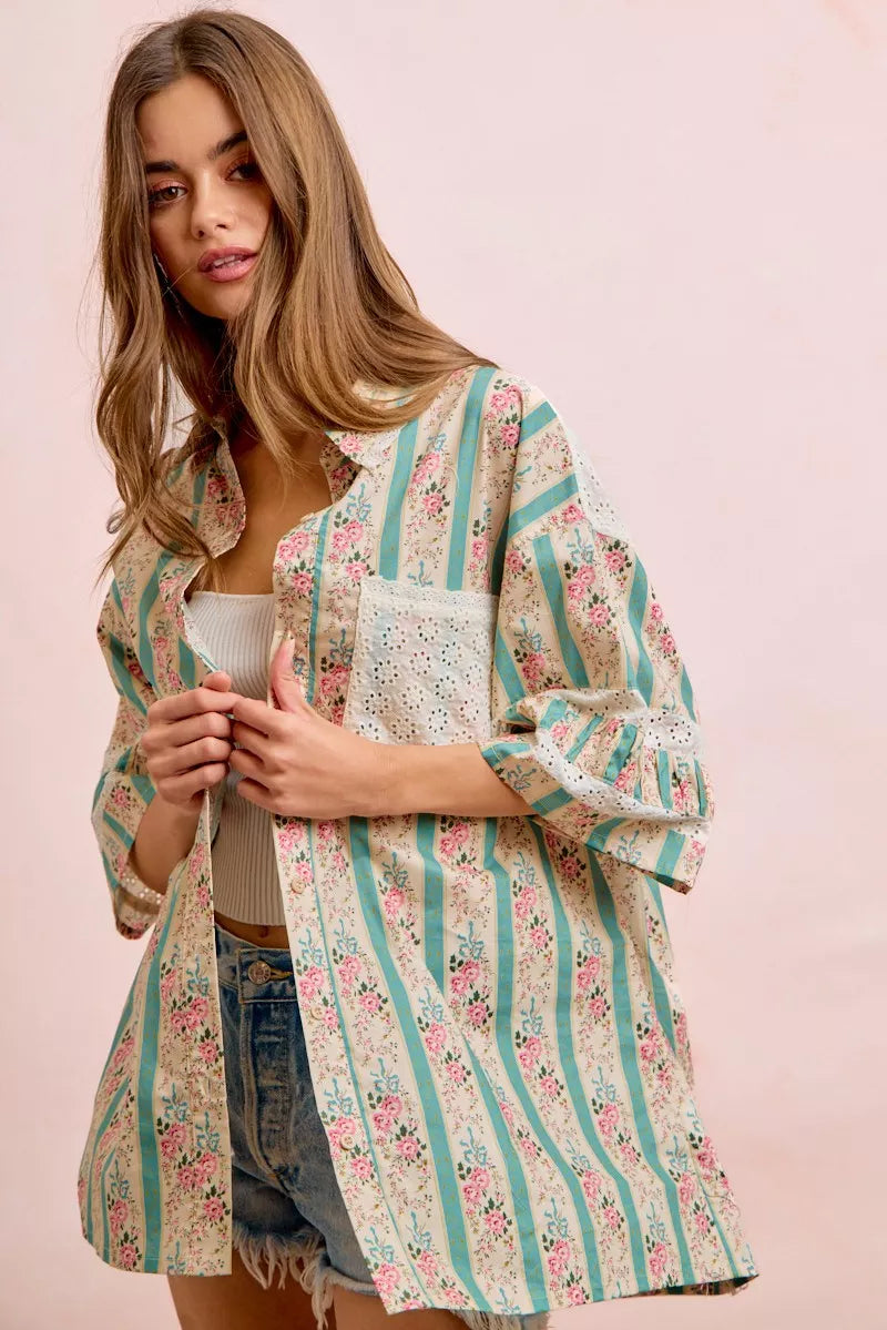 BiBi Eyelet Lace And Floral Mix And Match Shirt Top