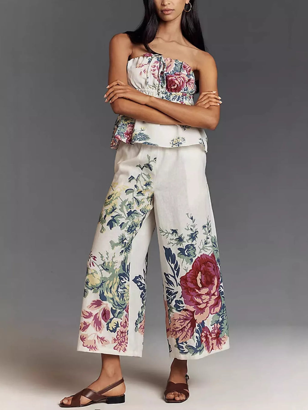 Floral Print Strapless Top and Wide-Leg Pants Set