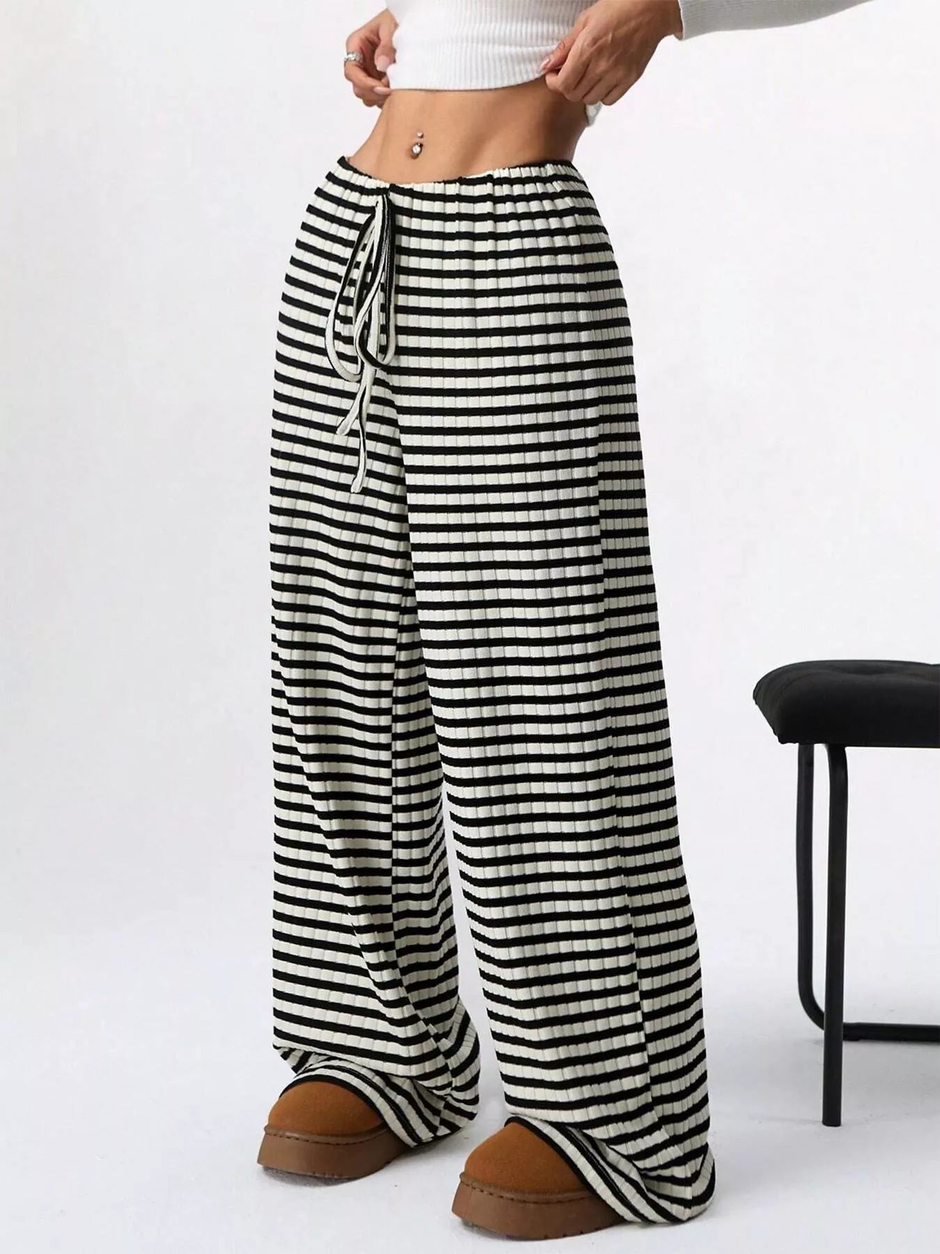 Striped Ribbed Knit Drawstring Waist Wide Leg Pants