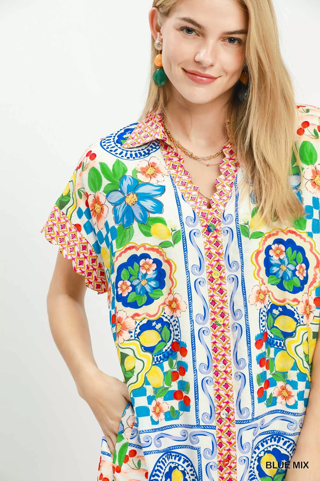 Umgee Mediterranean Print Dress with Contrast Printed Trim