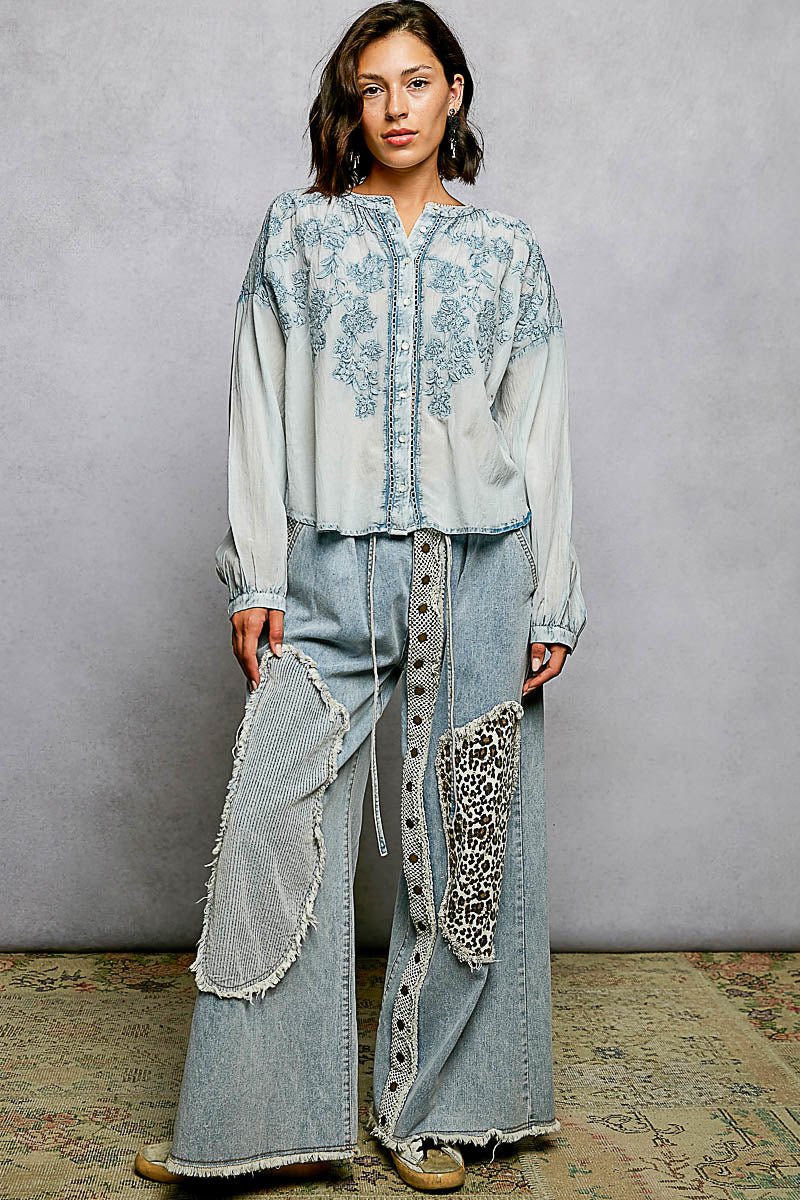 POL Floral Embroidered Button Down Long Sleeve Shirt