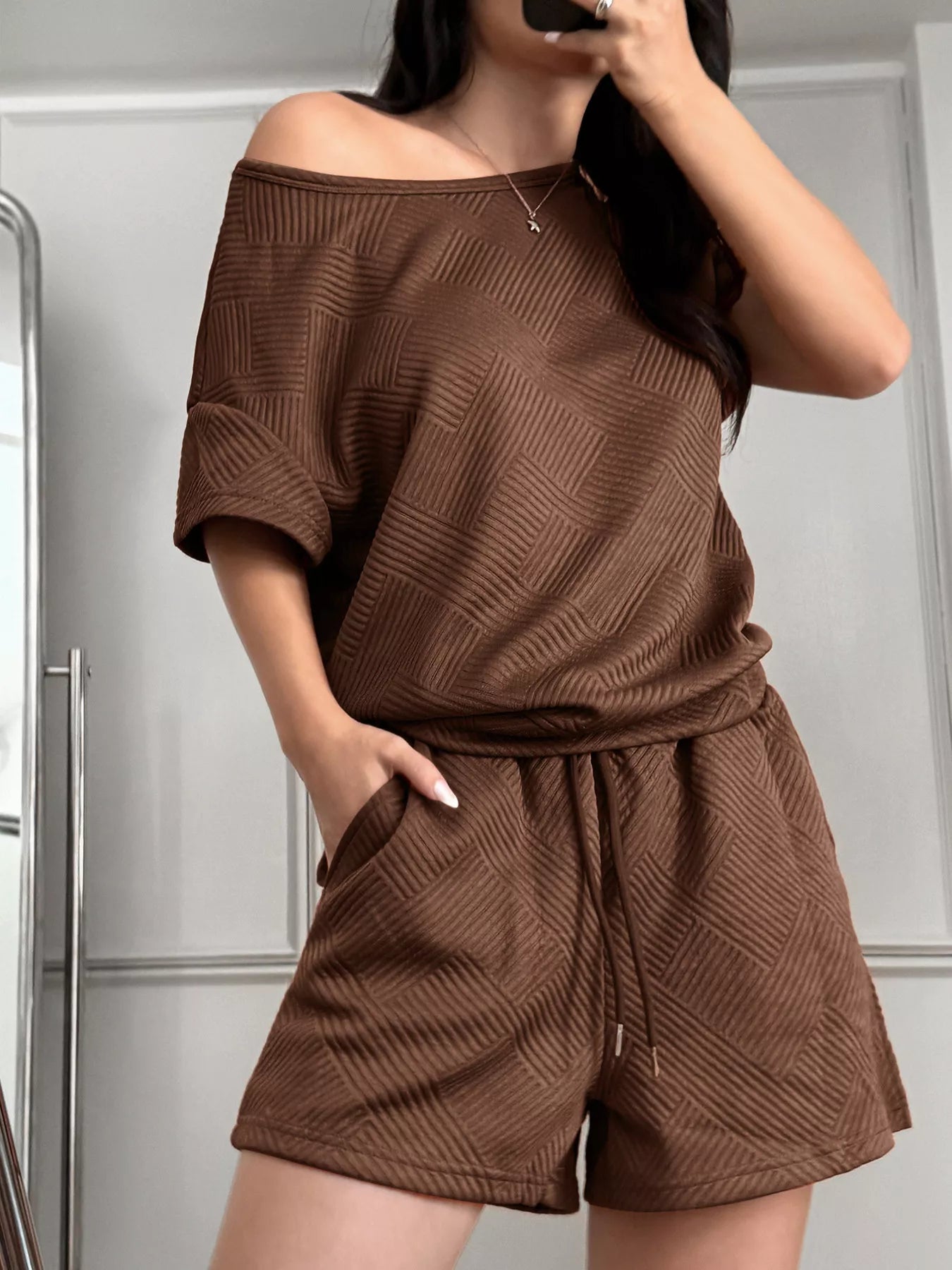 Textured Knit Round Neck Top and Shorts Set