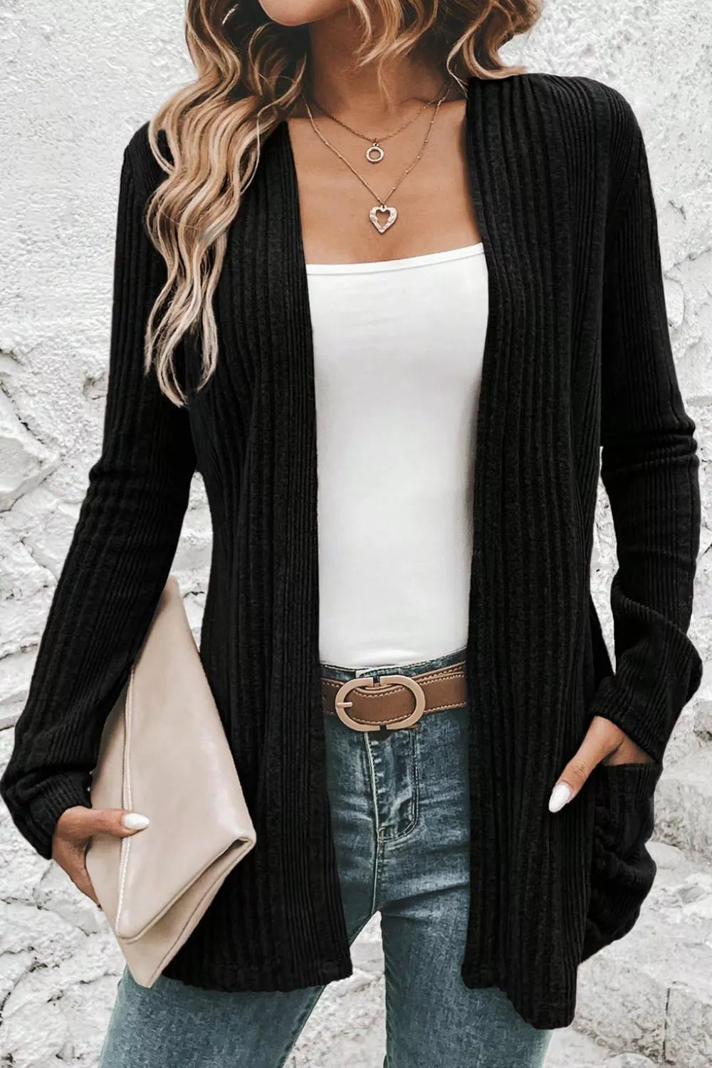 Ribbed Knit Open Front Cardigan with Pockets