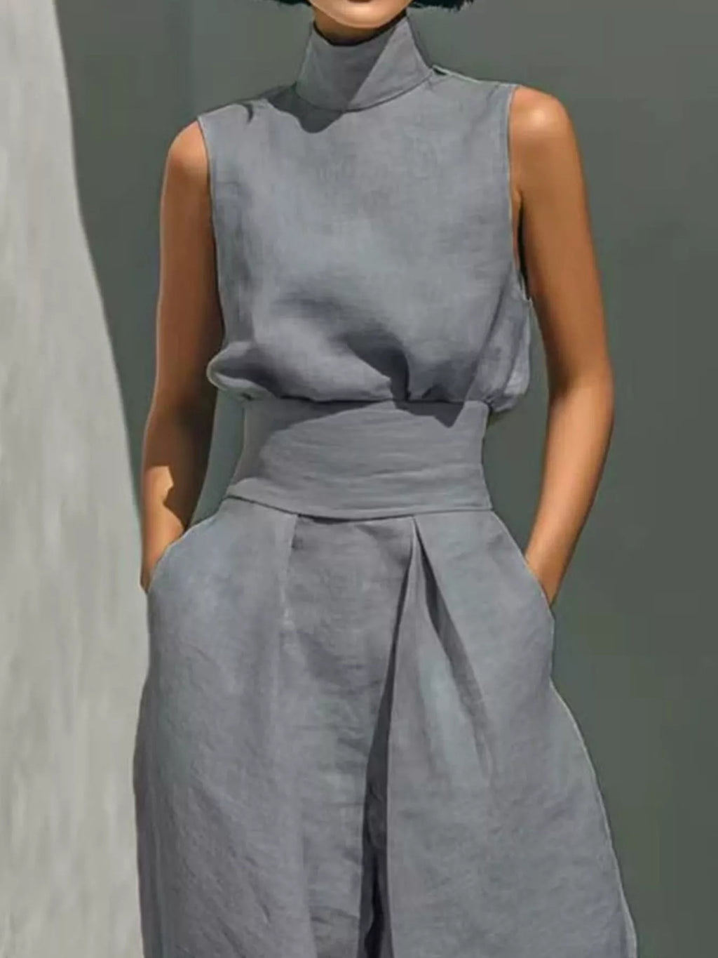High Neck Sleeveless Top and Wide Leg Pants Set