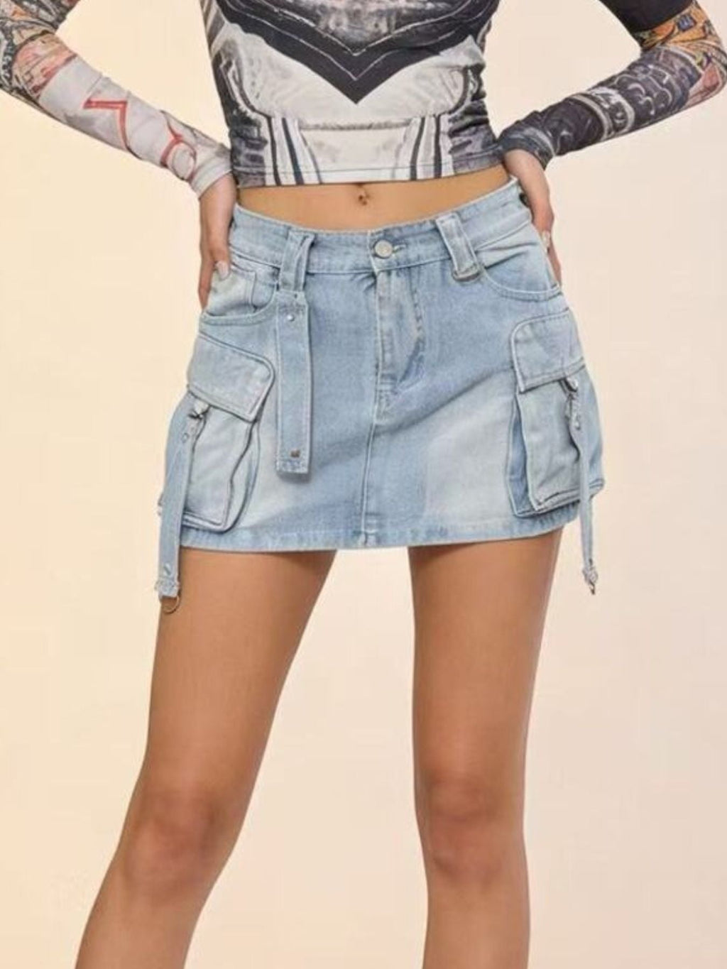 Washed Cargo Denim Skirt