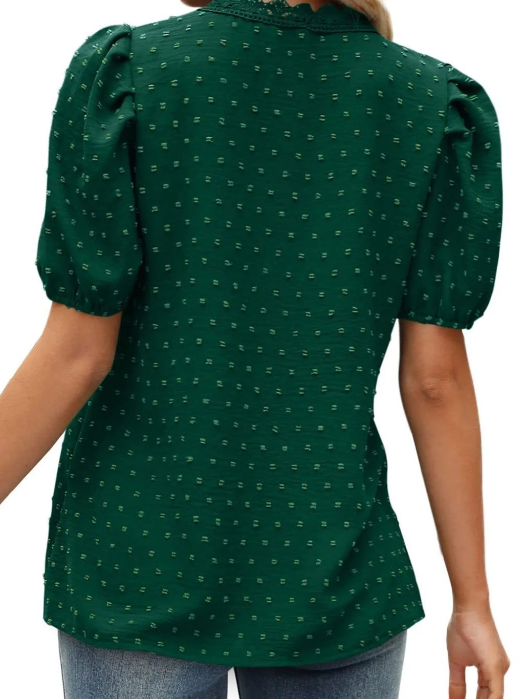 Puff Sleeve Swiss Dot Lace Trim Blouse