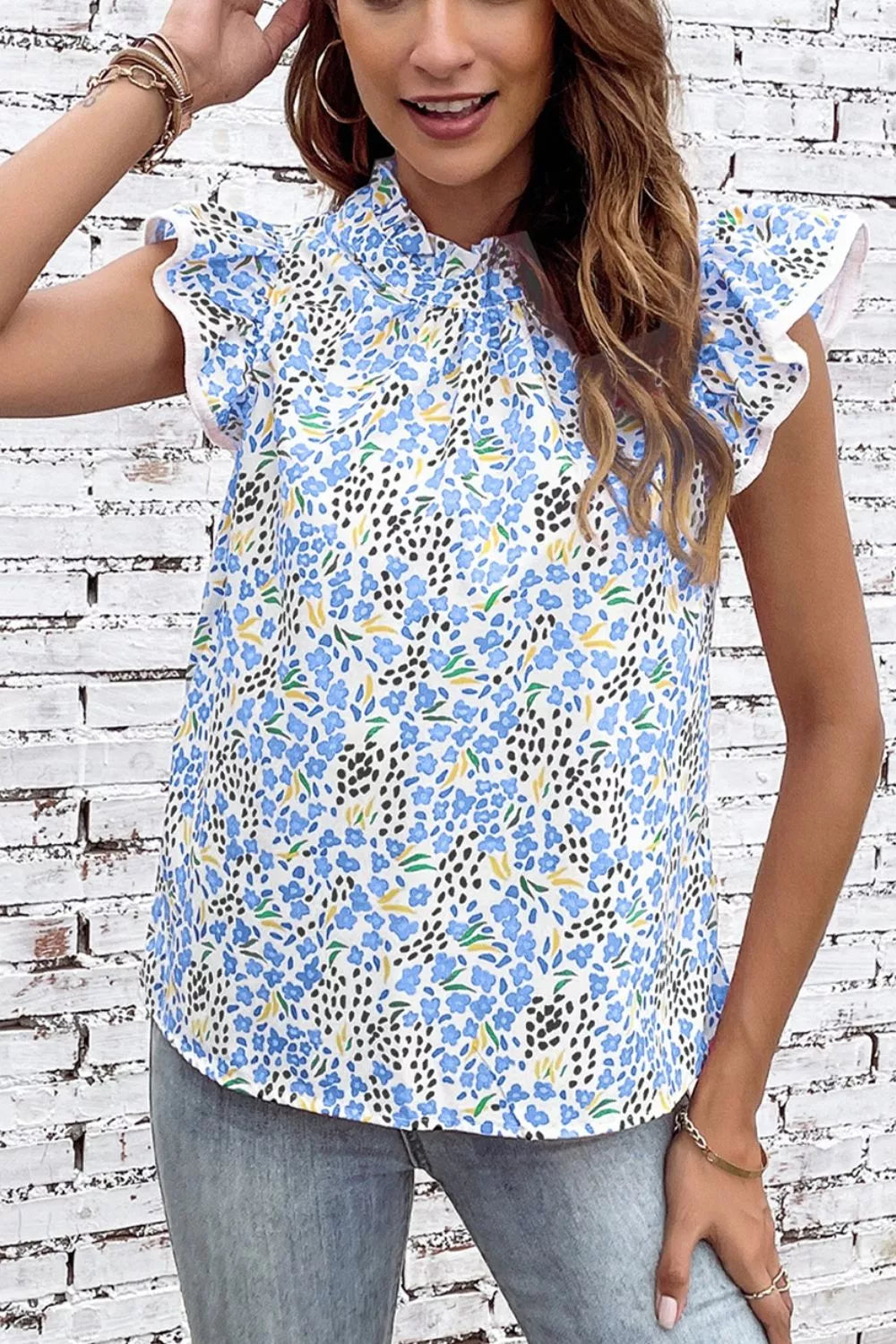 Abstract Print High Neck Flutter Sleeves Top