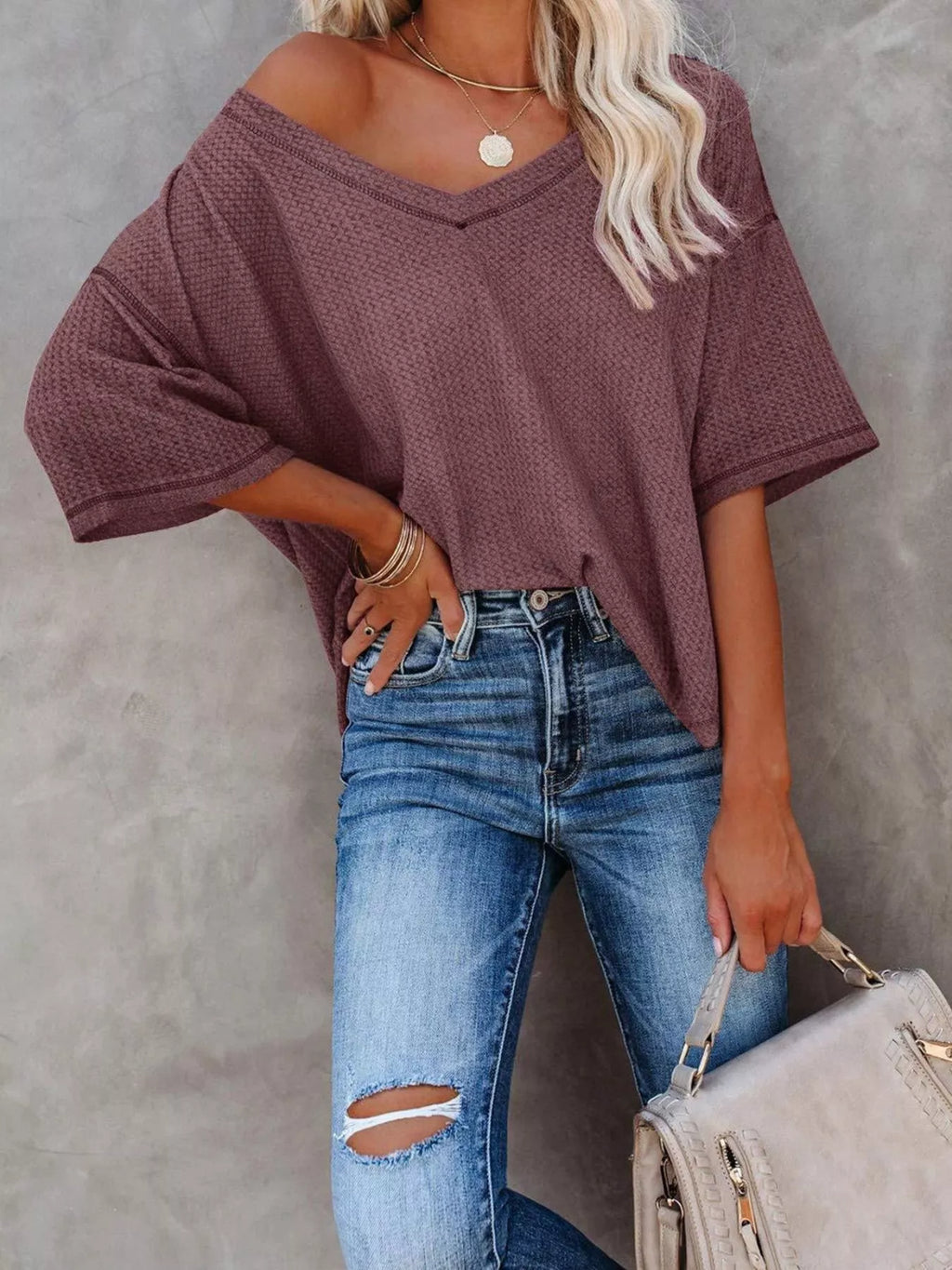 Waffle Knit V-Neck Short Sleeve T-Shirt
