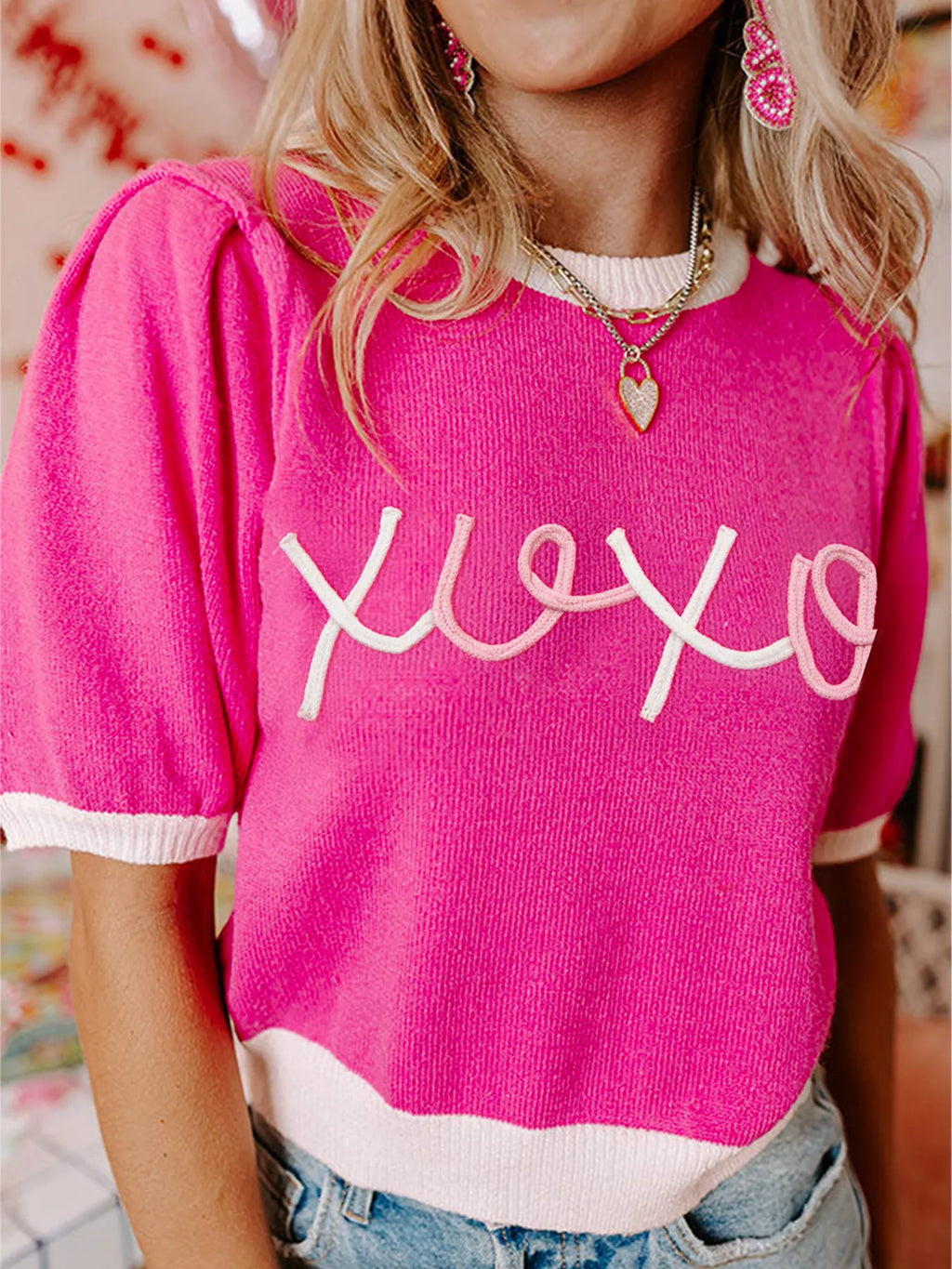 XOXO Valentines Contrast Trim Crew Neck Short Sleeve Sweater