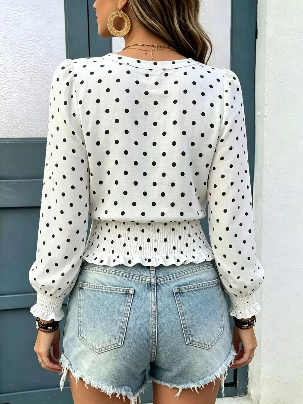 Polka Dot V-Neck Smocked Blouse