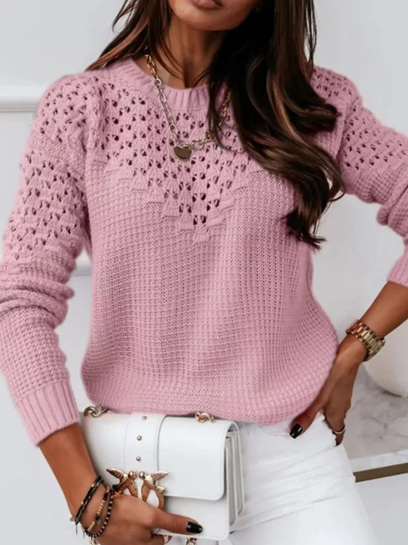 Textured Openwork Round Neck Sweater