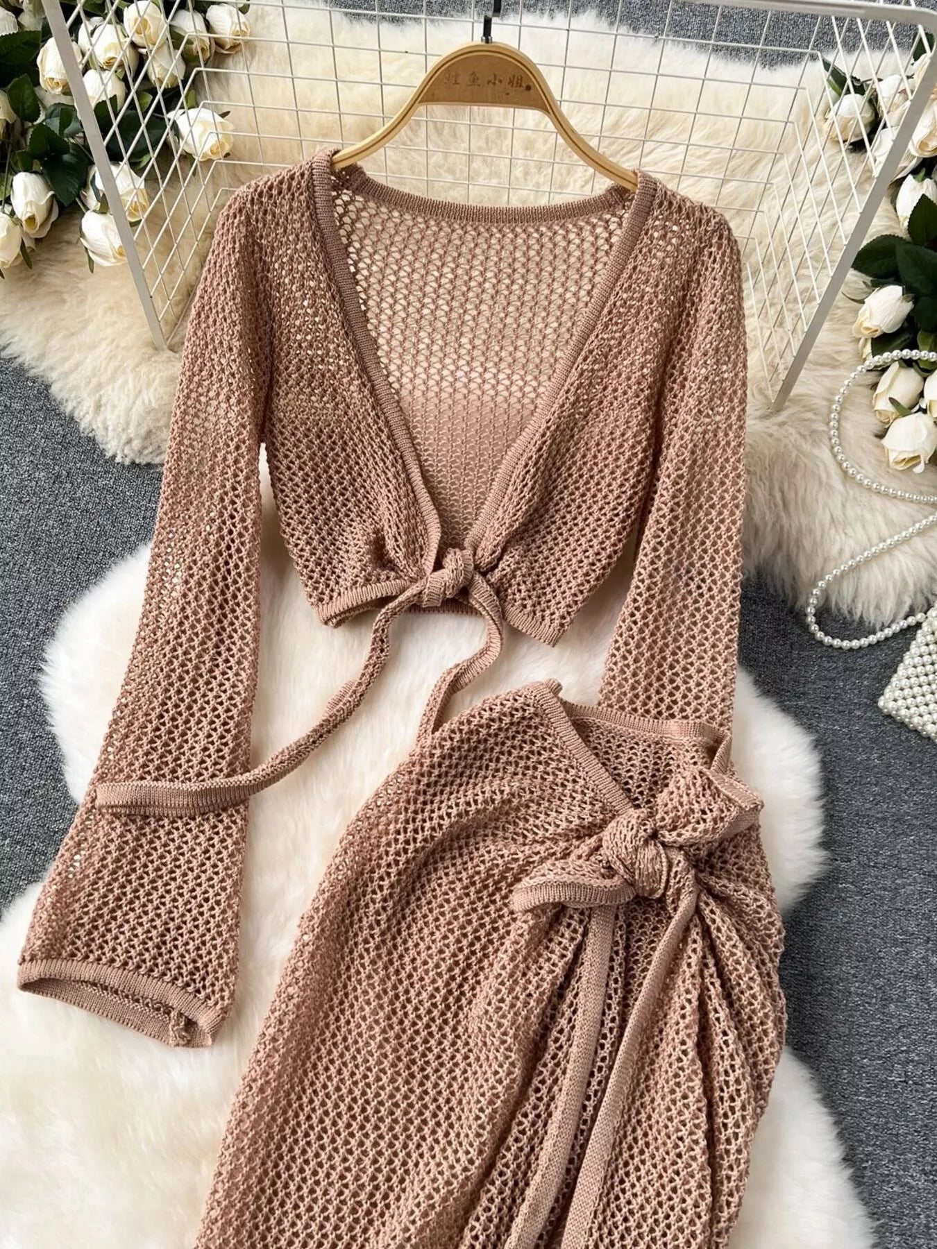 Knitted Crop Top and Slit Skirt Set