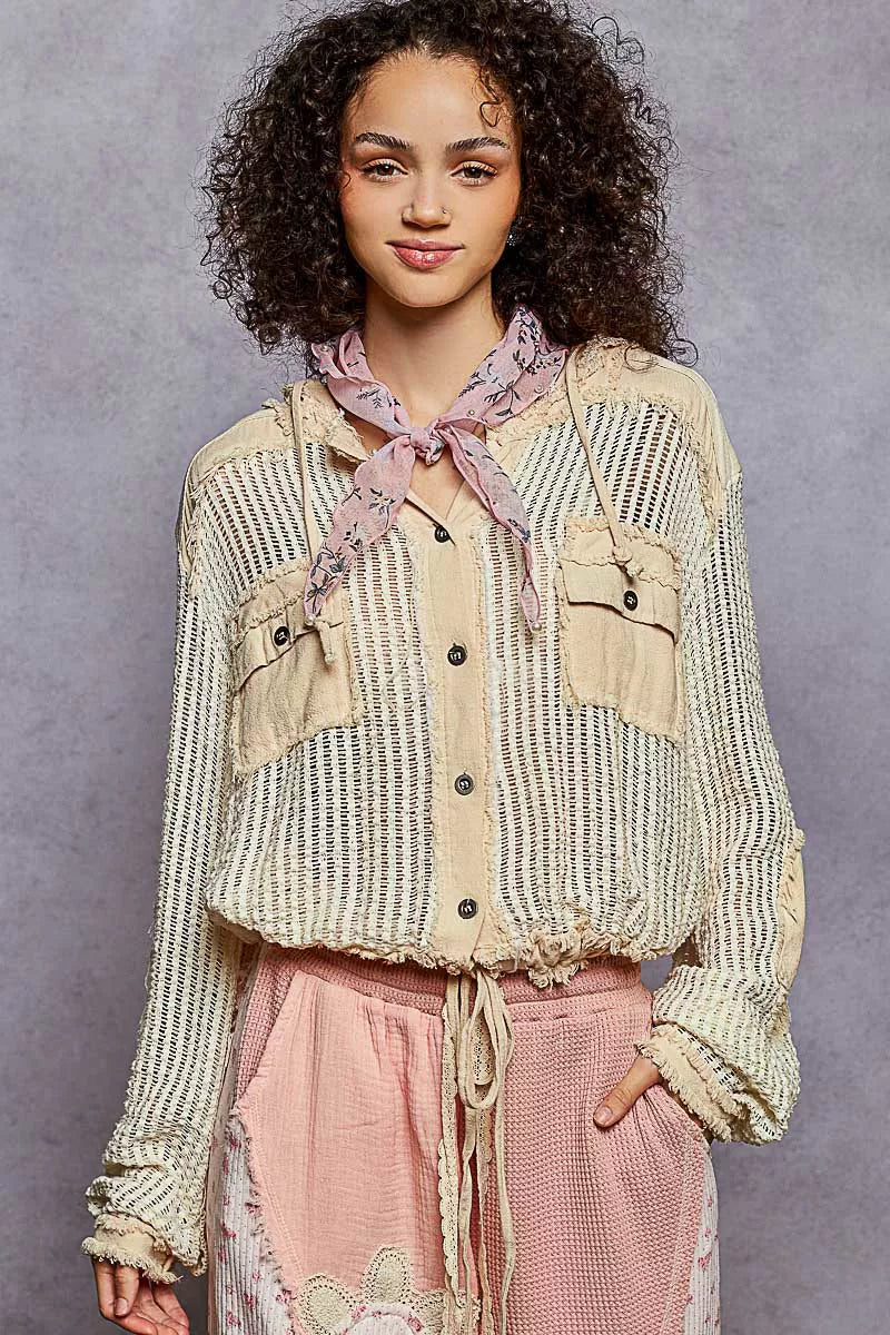 POL Texture Woven Button Down Hooded Shirt with Drawstring Hem