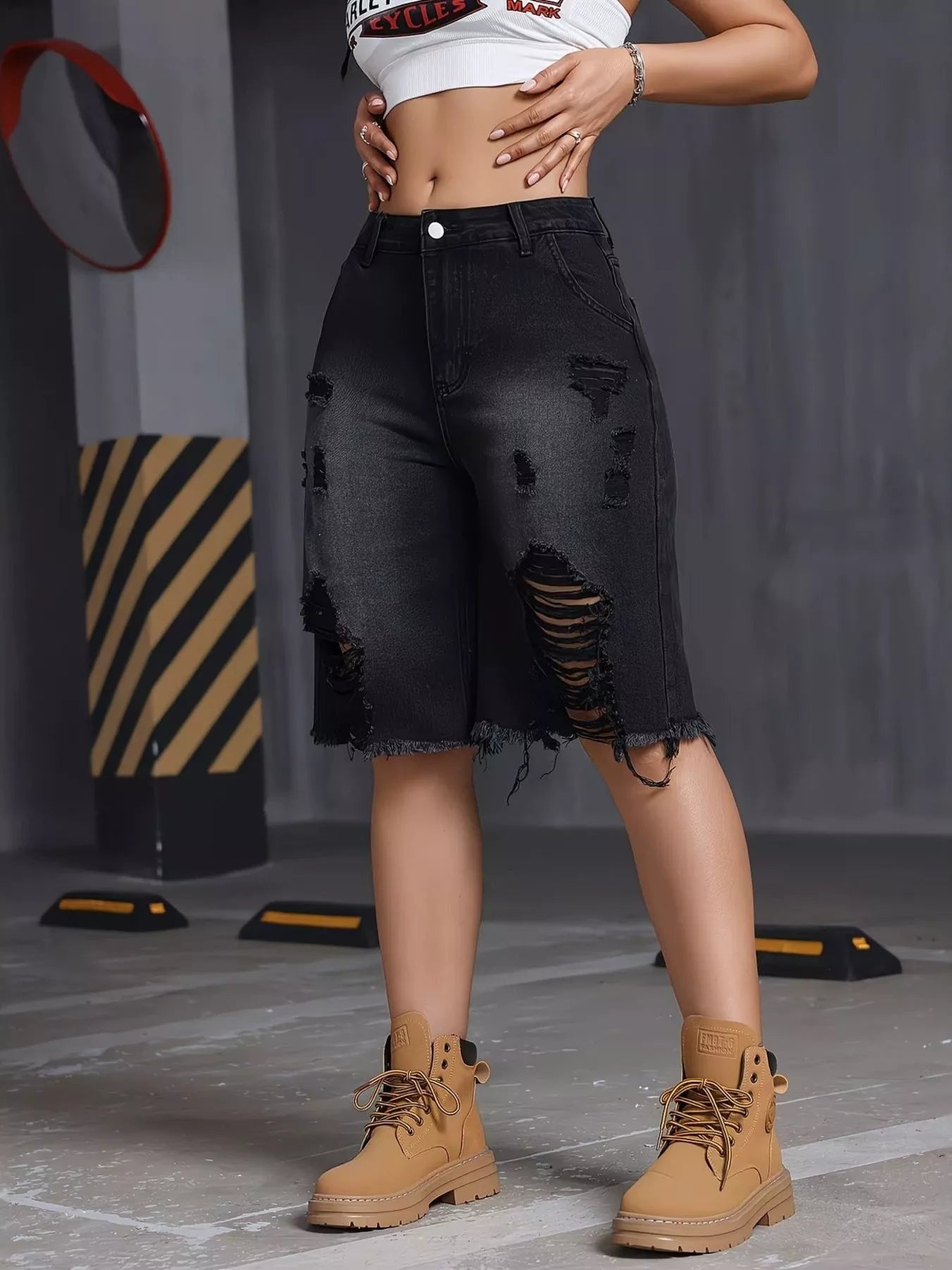 Distressed High Waist Denim Shorts