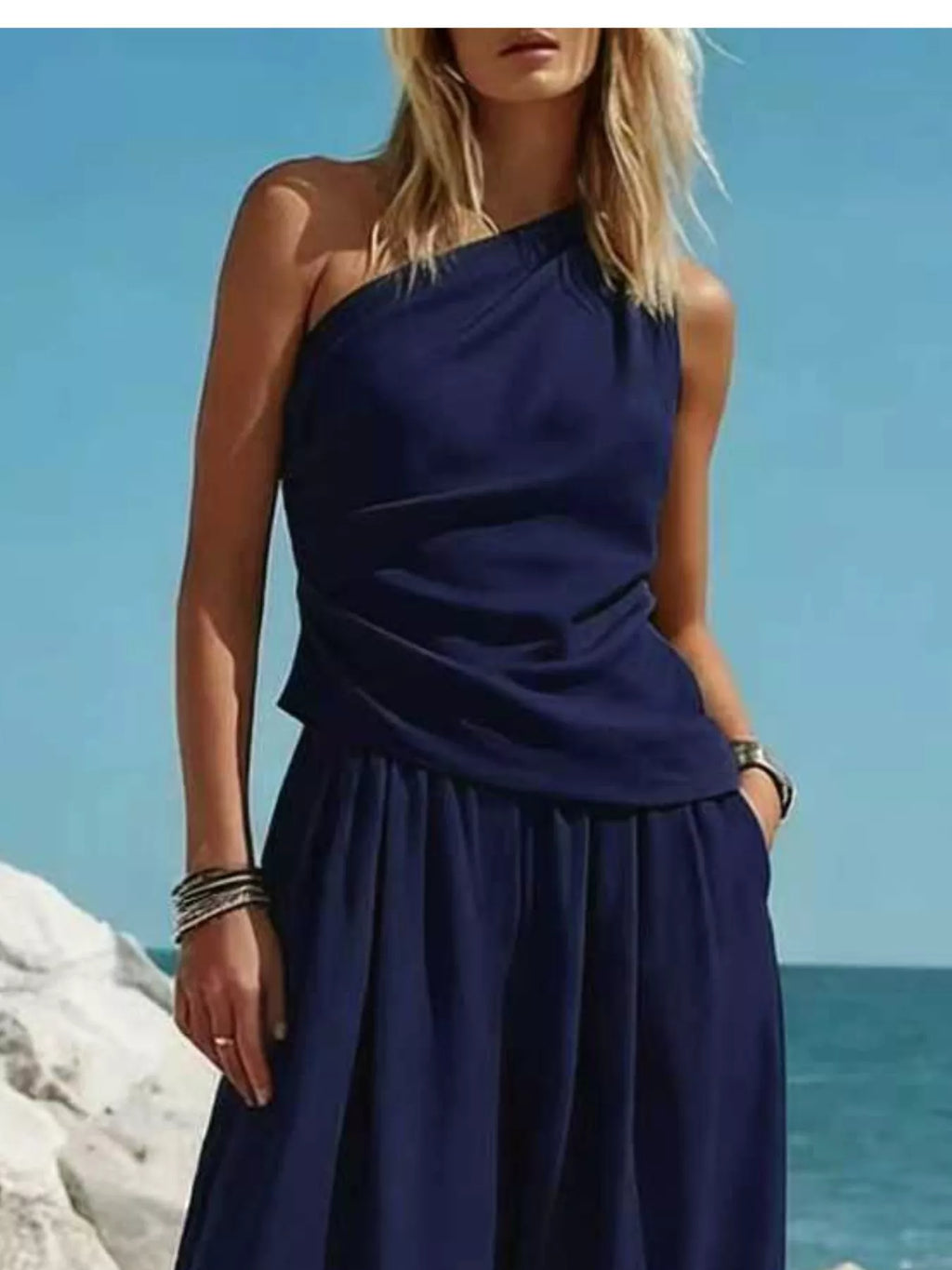 Full Size One-Shoulder Top and Wide Leg Pants Set Plus Size