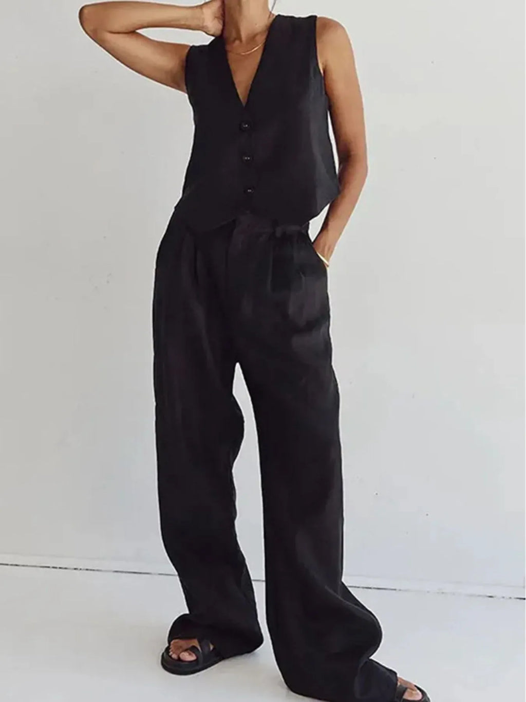 Full Size V-Neck Vest and Wide Leg Pants Set Plus Size