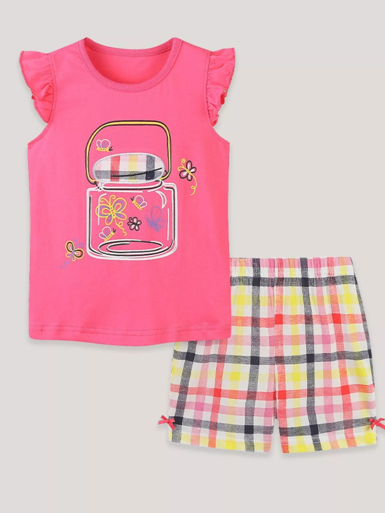 Children's Cartoon Graphic Ruffle Trim Tee & Plaid Shorts Set