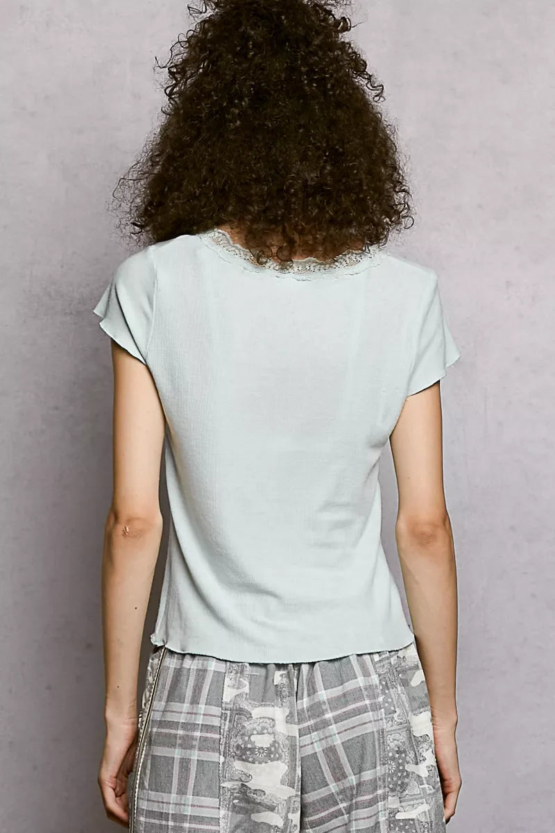 POL Round Neck Short Sleeve Crop T-Shirt with Lace Trim
