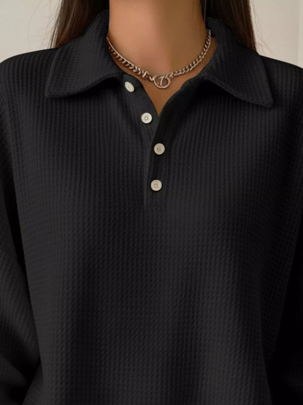 Full Size Waffle Knit Button Detail Top Plus Size