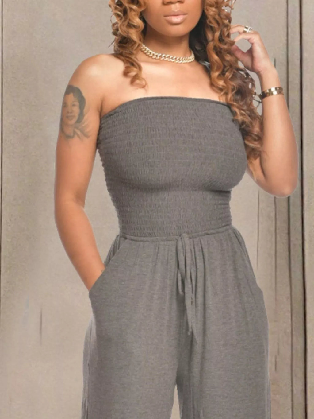 Strapless Smocked Wide-Leg Jumpsuit