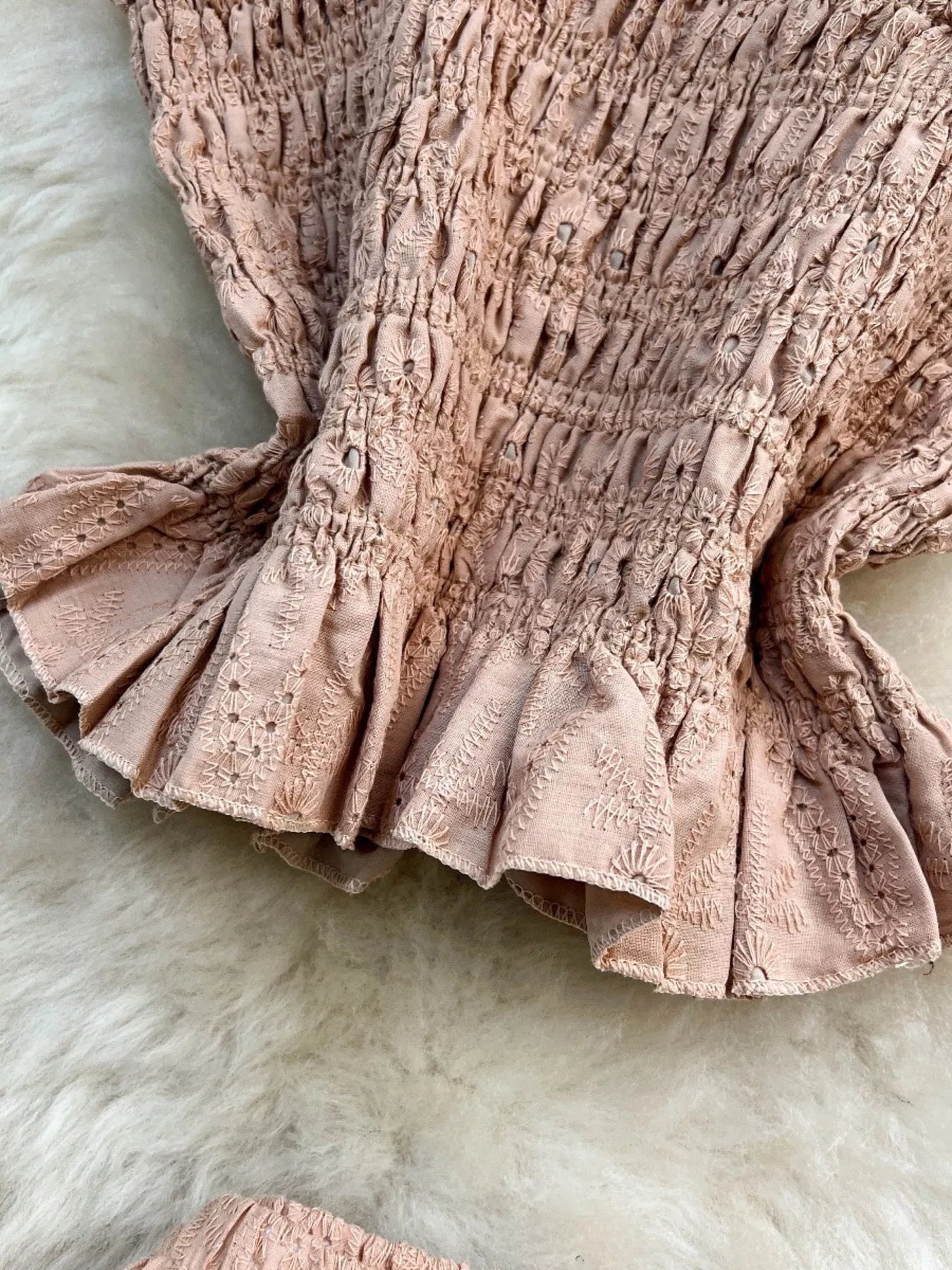 Smocked Crop Top and Hollow-Out Skirt Set