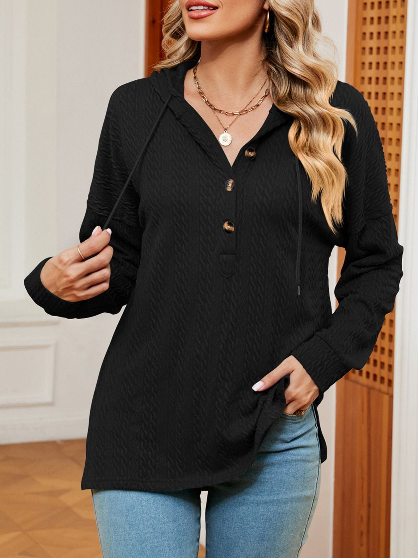 Textured Knit Button Detail Hoodie