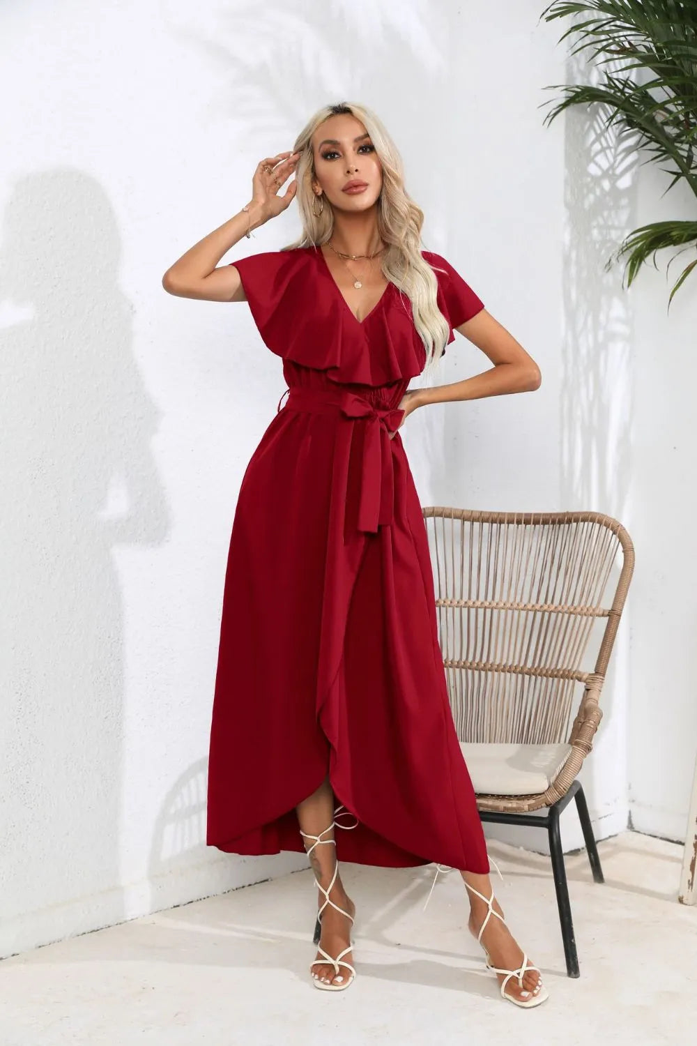 Tied Front Ruffled Short Sleeve Midi Dress