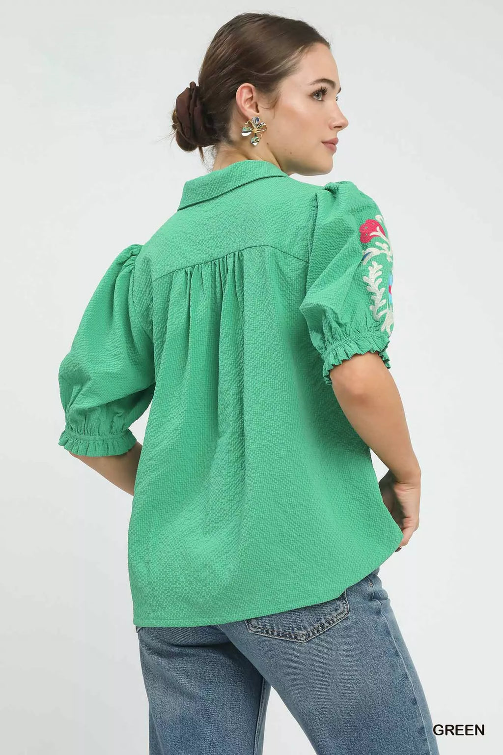 Umgee Seersucker Embroidered Sleeve Blouse