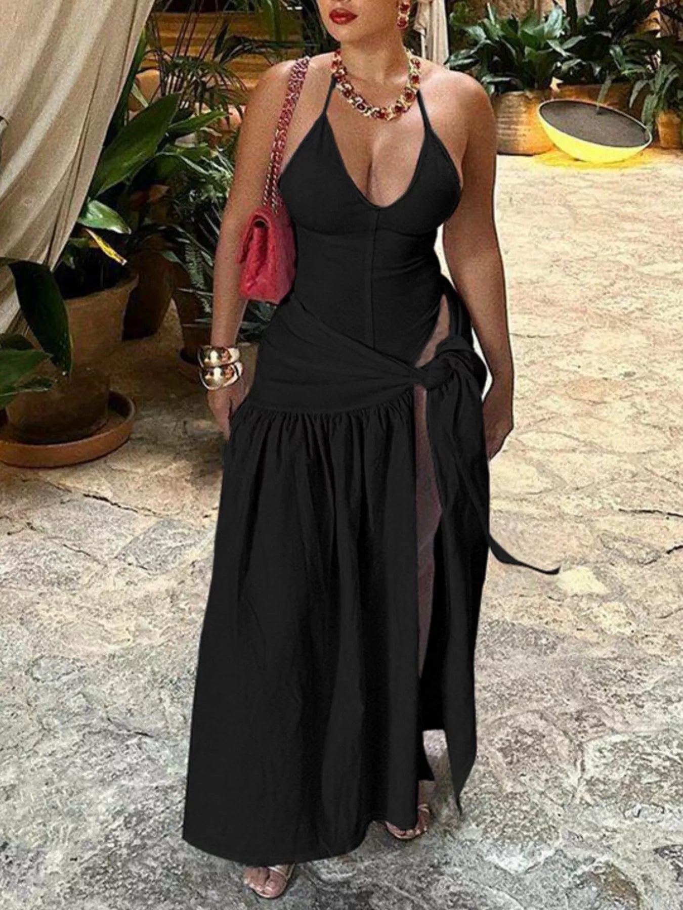 Halter Neck Ruched Bodysuit and Maxi Skirt Set