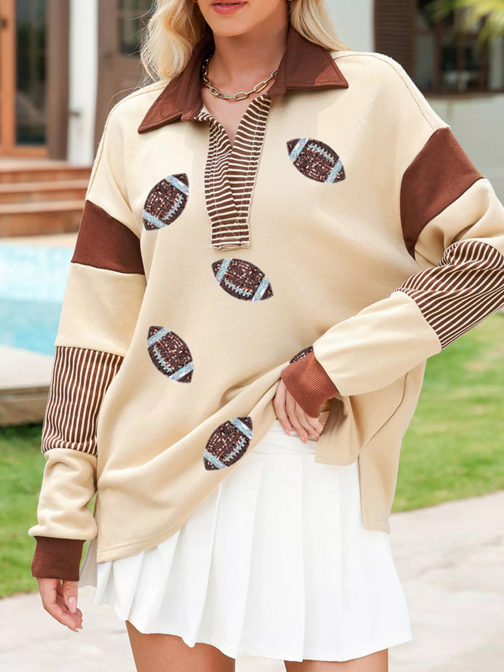 Color Block Striped Patchwork Sequin Rugby Graphic Polo Sweatshirt