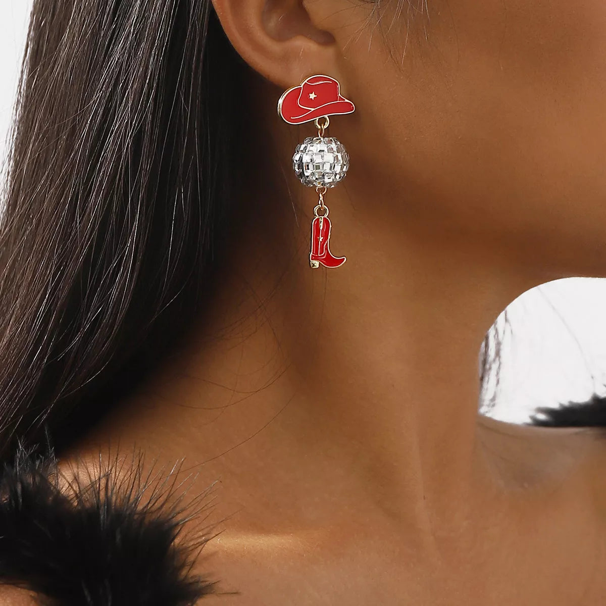 Asymmetrical Cowgirl Boot Hat Ball Dangle Earrings