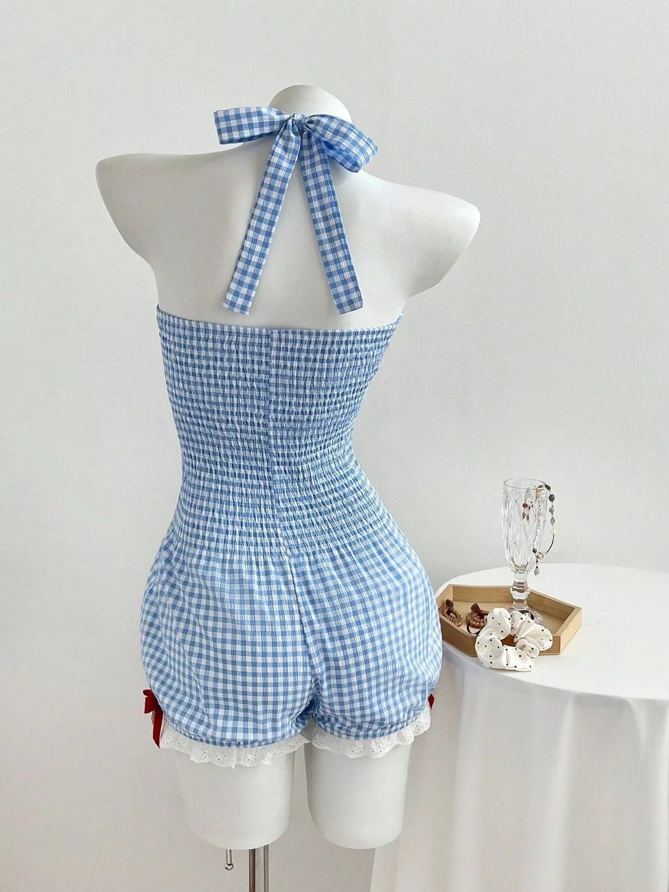 Gingham Bowknot Halter Neck Romper