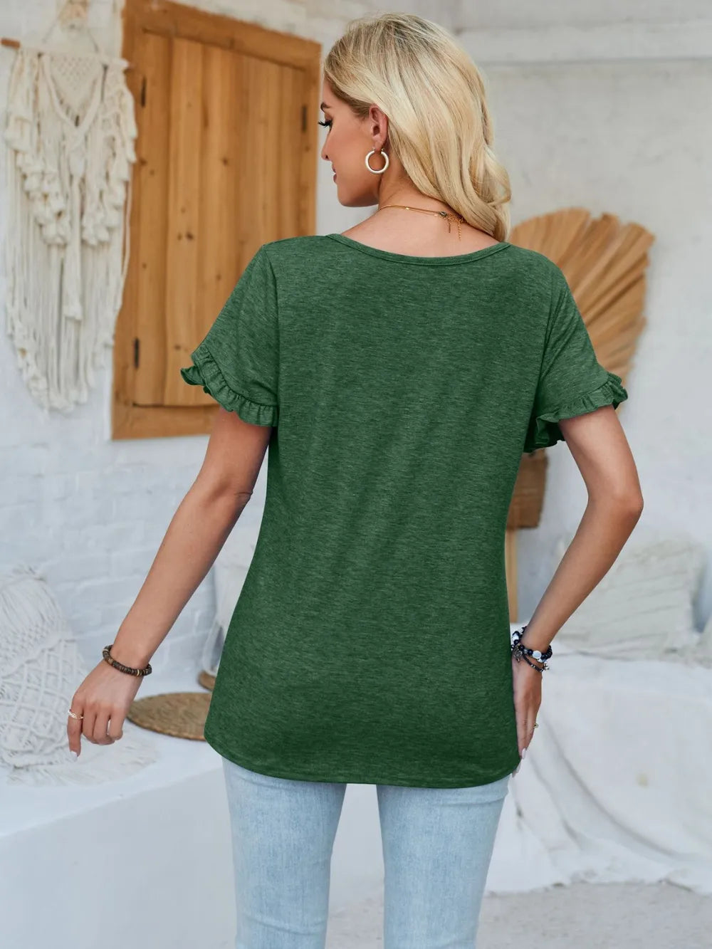 Frill Round Neck Petal Sleeve Blouse
