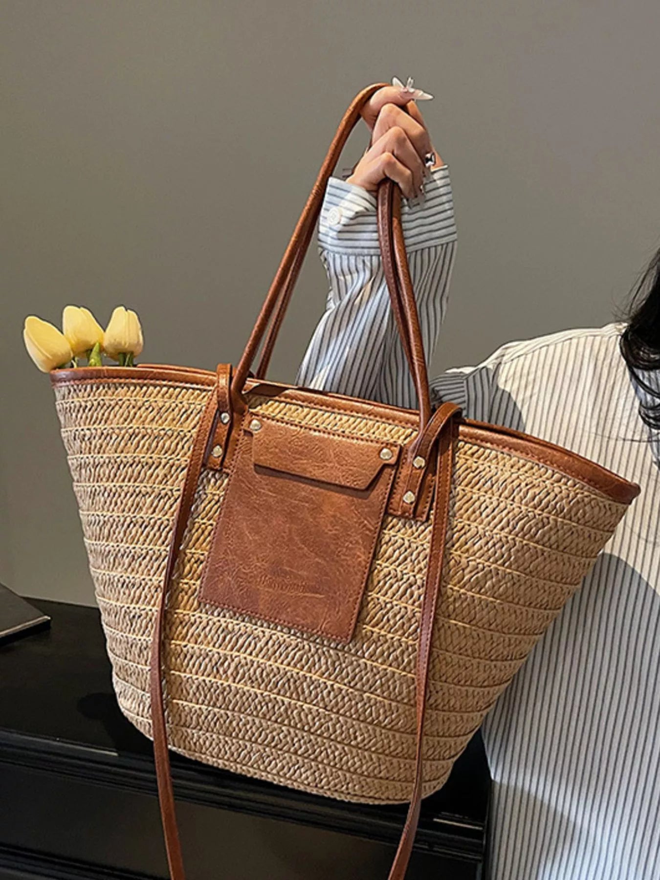 Straw Woven Shoulder Bag with Leather Accents