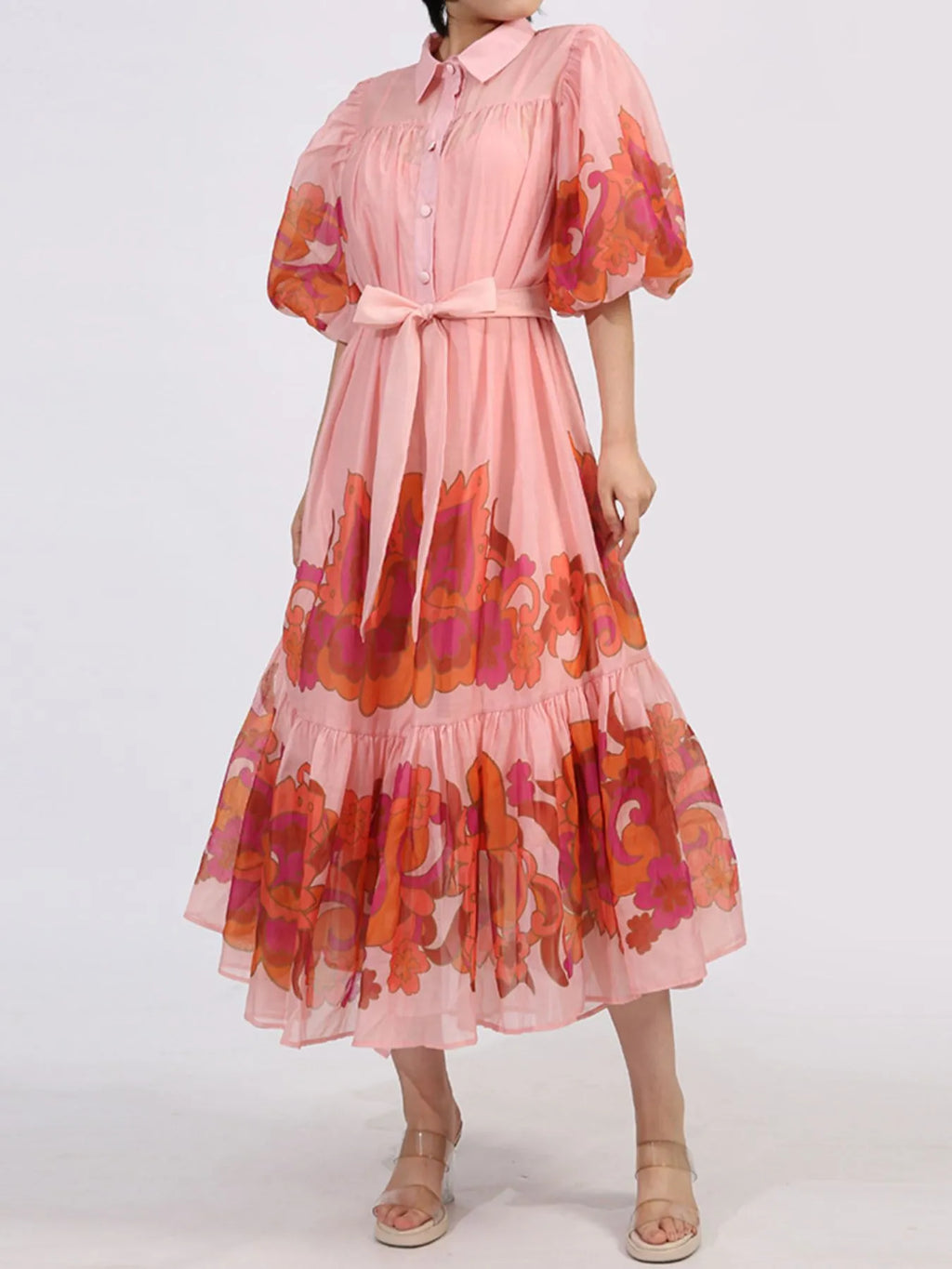Button Front Puff Sleeve Dress