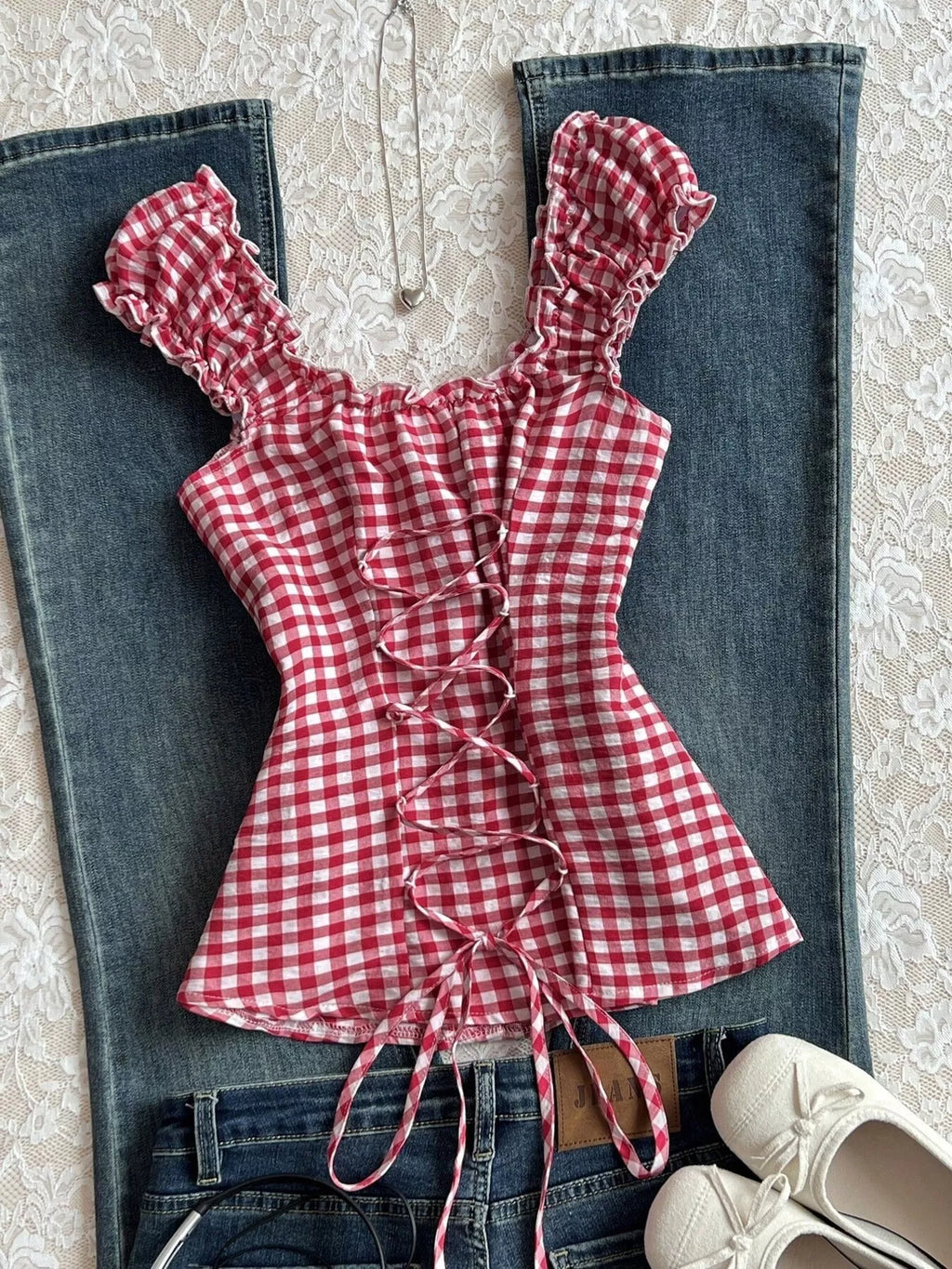 Frill Gingham Cap Sleeve Blouse