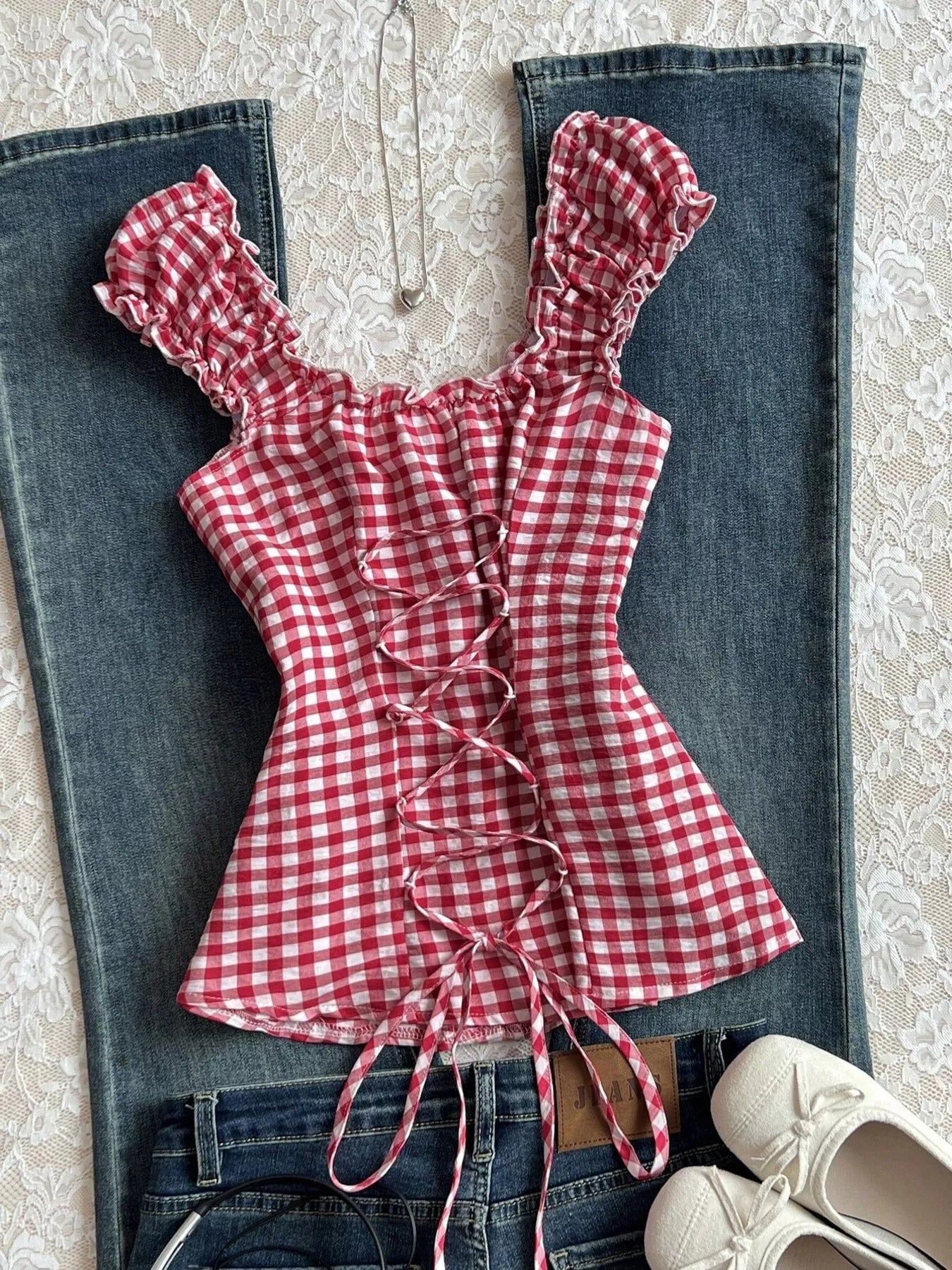 Frill Gingham Cap Sleeve Blouse