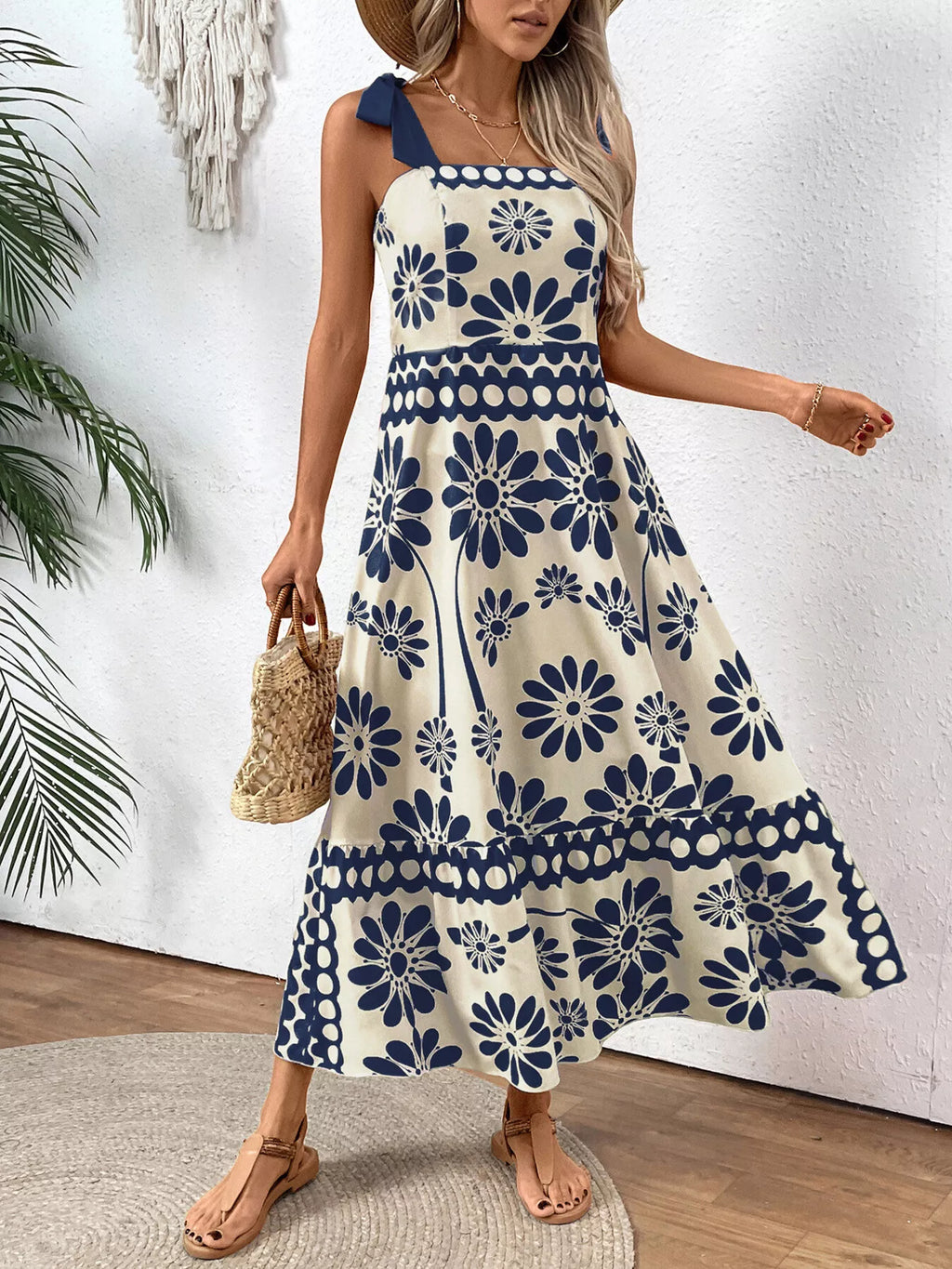 Floral Print Tie-Shoulder Midi Dress